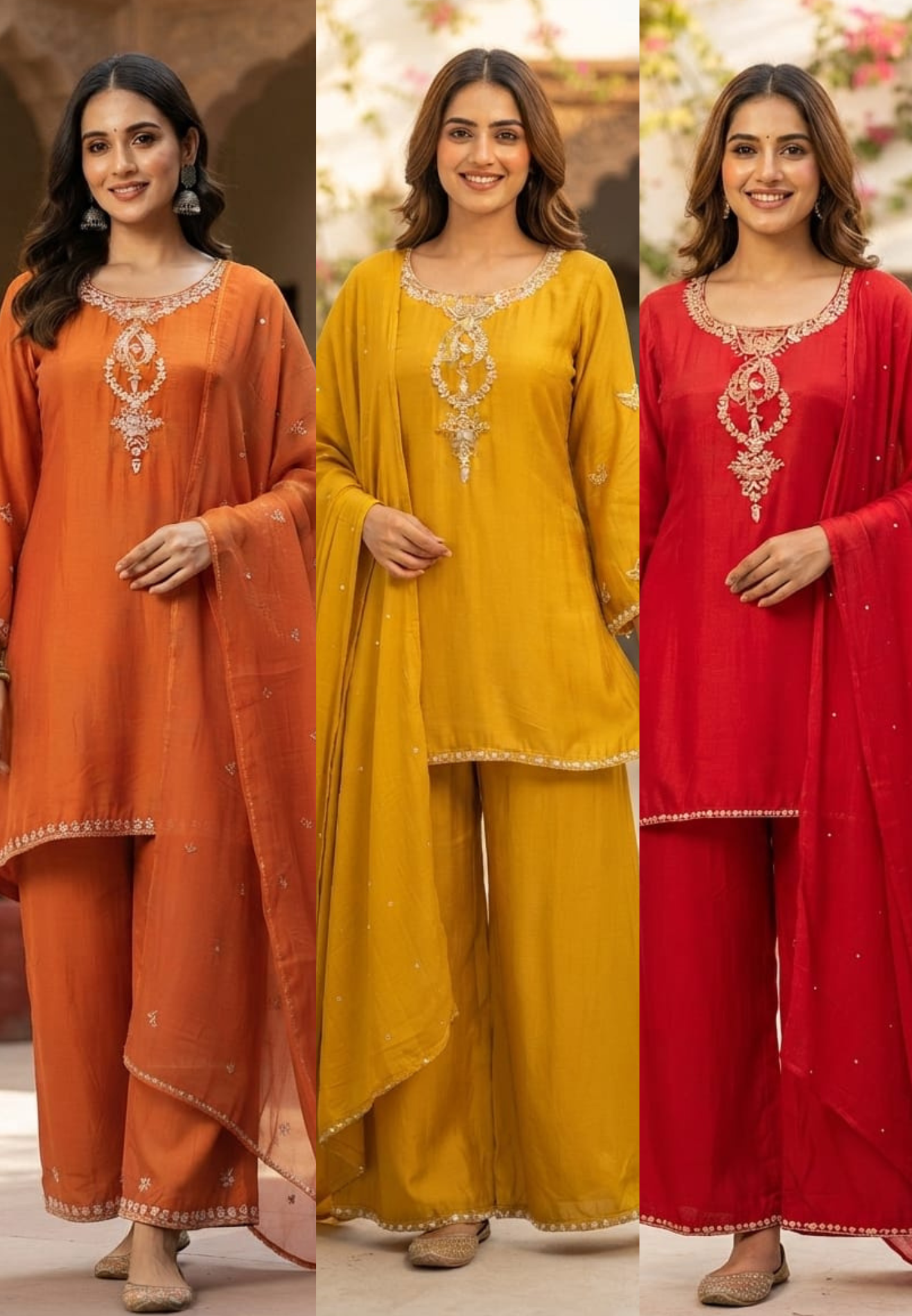Elegant Intricate Embroidered Over Neckline & Sleeve Russian Silk Full Suit Set With Palazzo Bottom & Dupatta- 15794