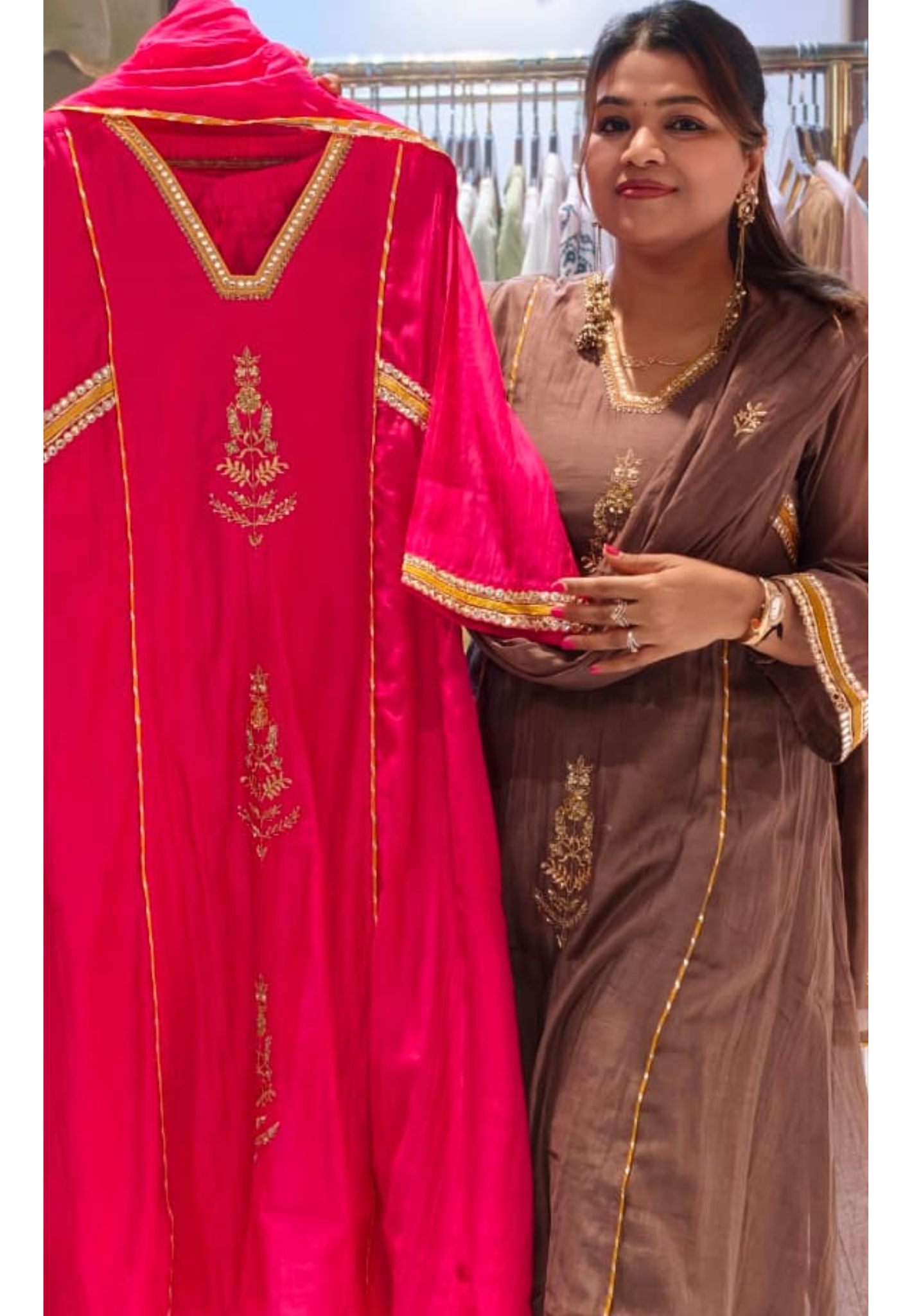 Beautiful Kundan Look Front Embroidery Highlighted A-Line Mul-Chanderi Full Suit Set With Dupatta- 15851