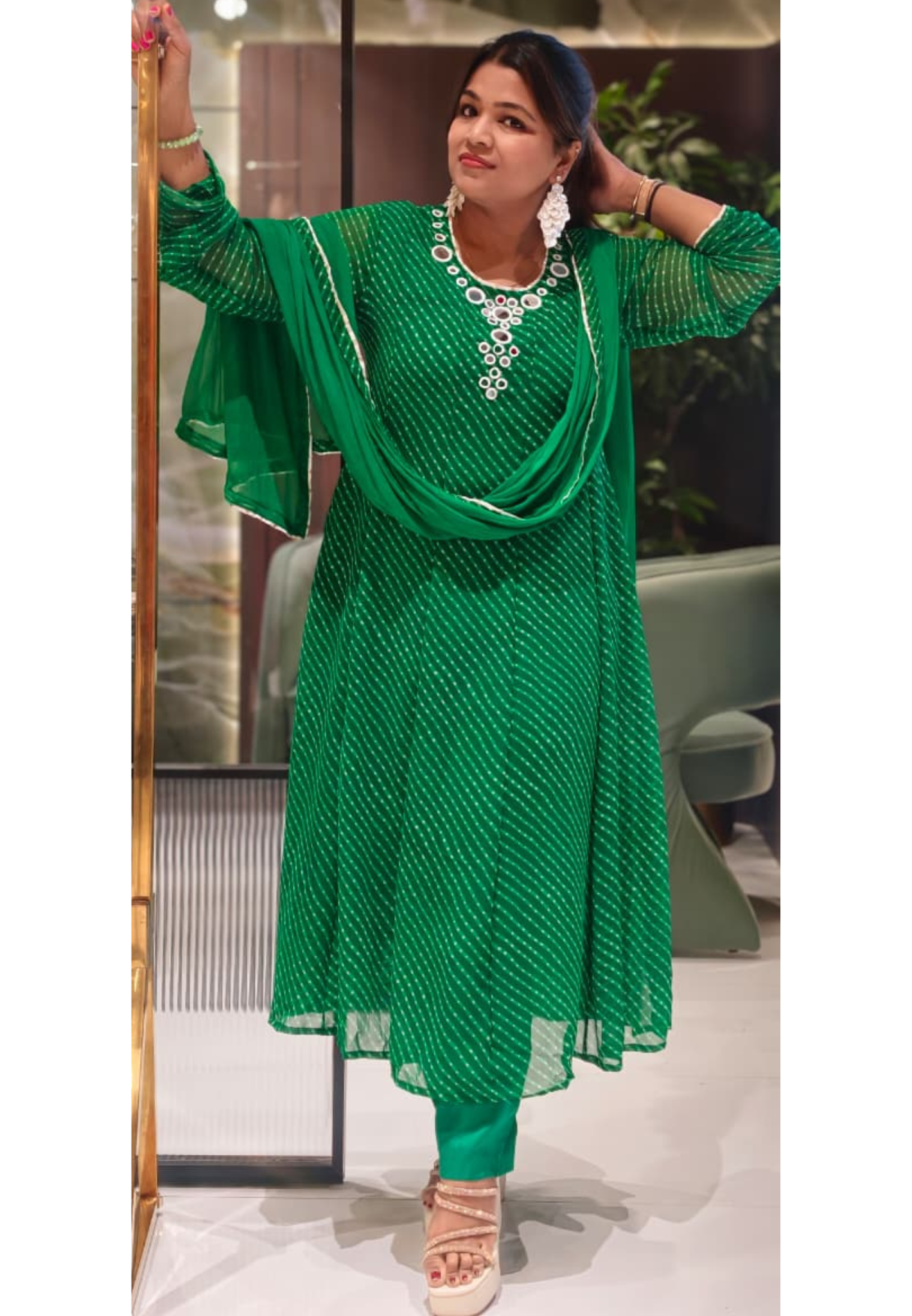 Graceful Green Ethnic Printed Kurti with Beautiful Embellished Neckline Georgette Anarkali Full Suit Set With Dupatta- 15712