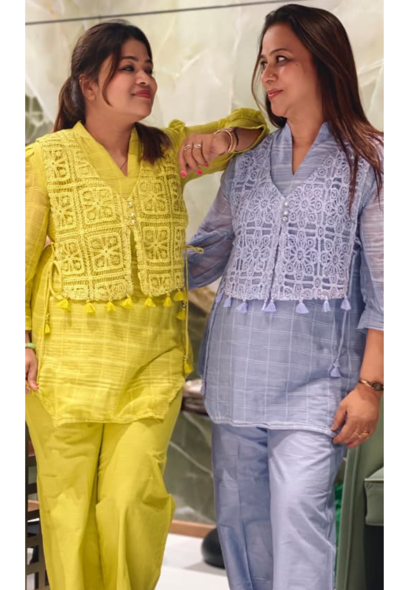 Fresh Lime & Sky Blue Crochet Embroidered Overlay Tassel Accent Mul-Cotton Co-Ord Set- 15841