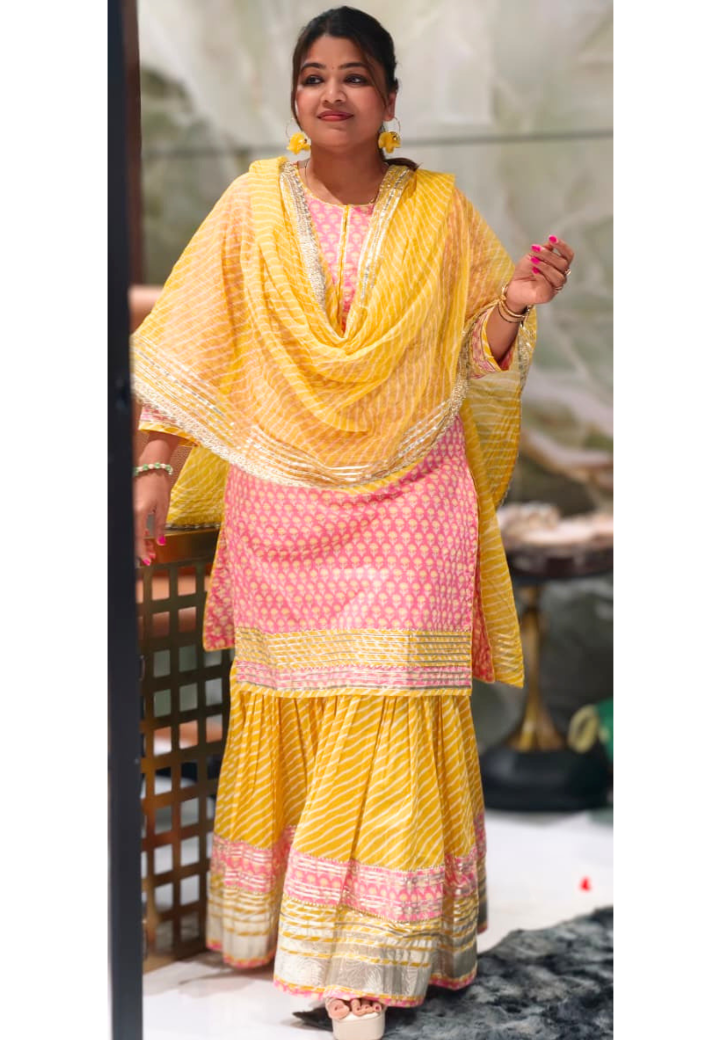 Pure Cottom Elegant Gotta Patti Work Floral Block Prints Ethnic Wear Full Suit Set With Dupatta & Heavy Sharara Bottom- 15837