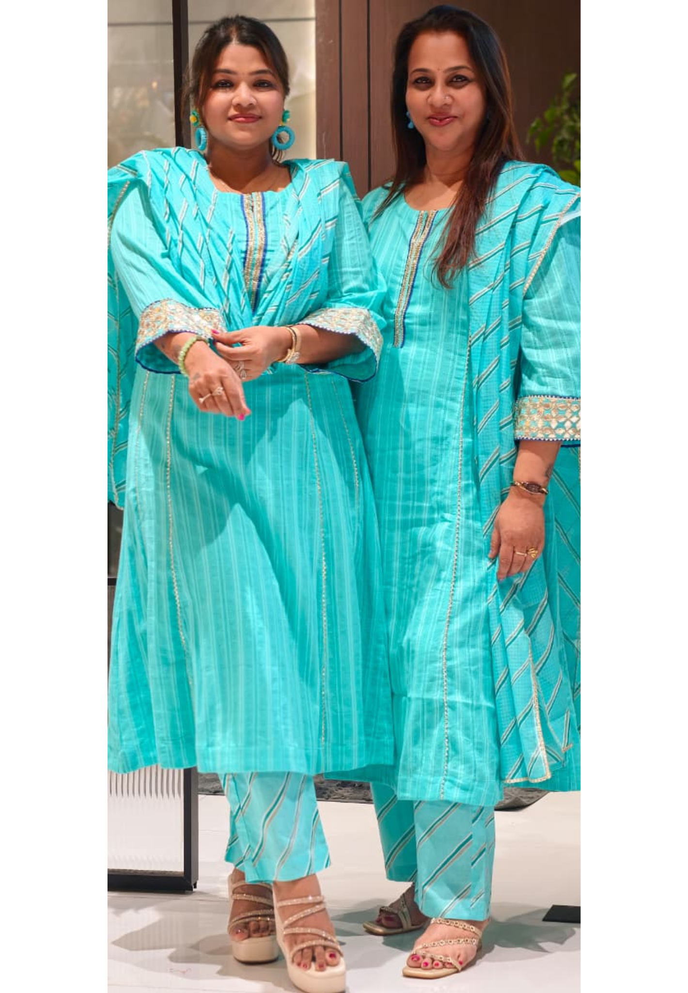 Golden Trimmed Lace Panels A-Line Leheriya Full Suit Set With All Over Work Dupatta In Lurex Fabric- 15838