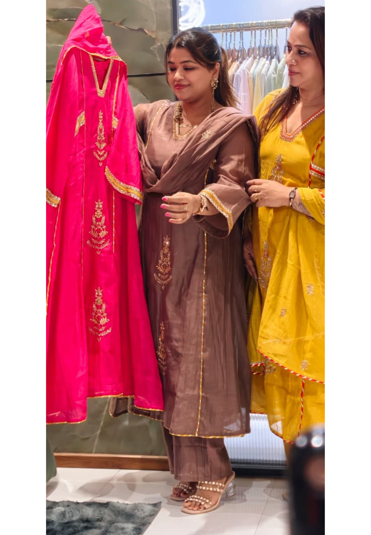 Beautiful Kundan Look Front Embroidery Highlighted A-Line Mul-Chanderi Full Suit Set With Dupatta- 15851