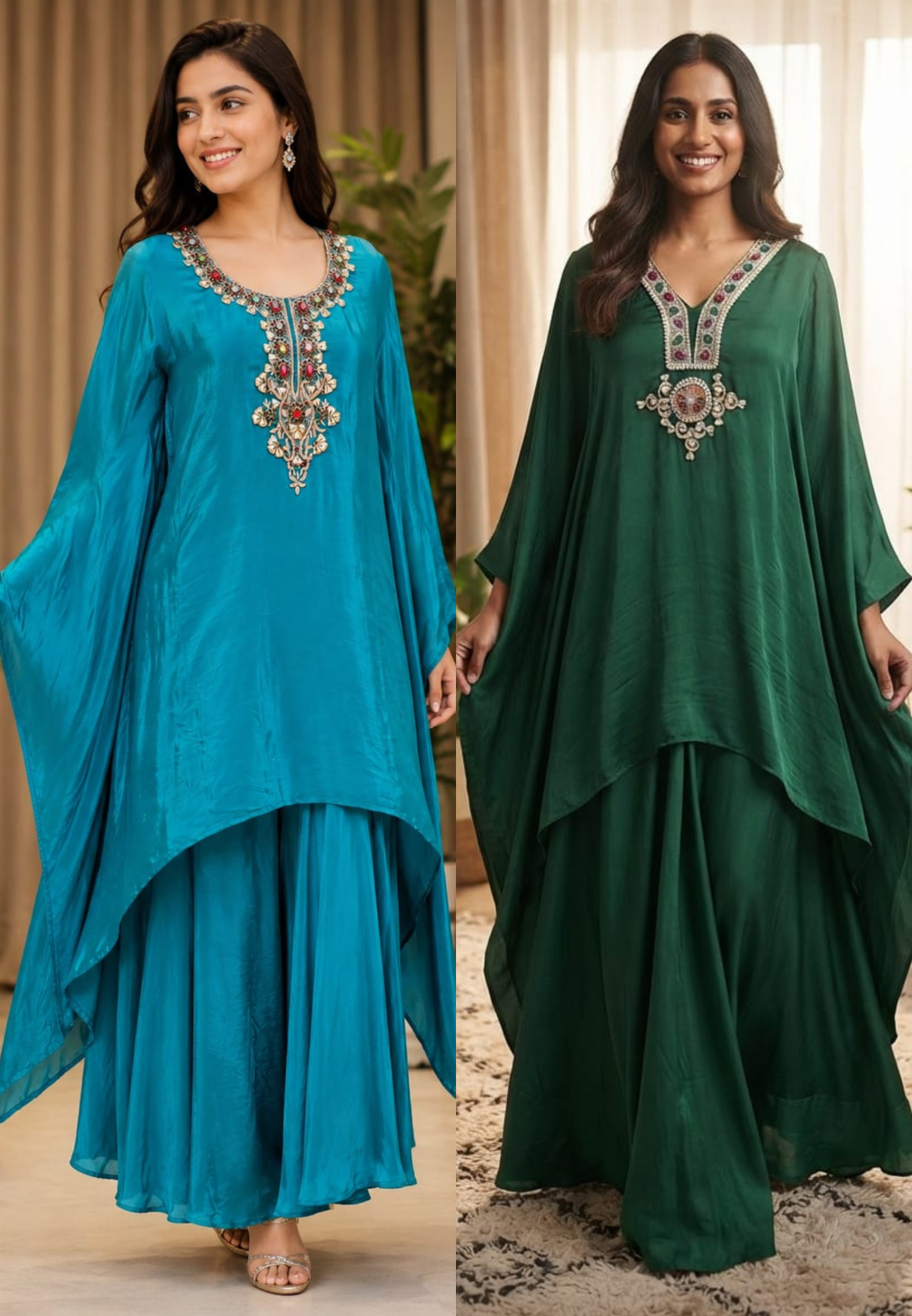 Jewel Handwork Over Yoke Stylish Flared Kaftan With Palazzo Bottom In Premium Crepe Fabric- 15754