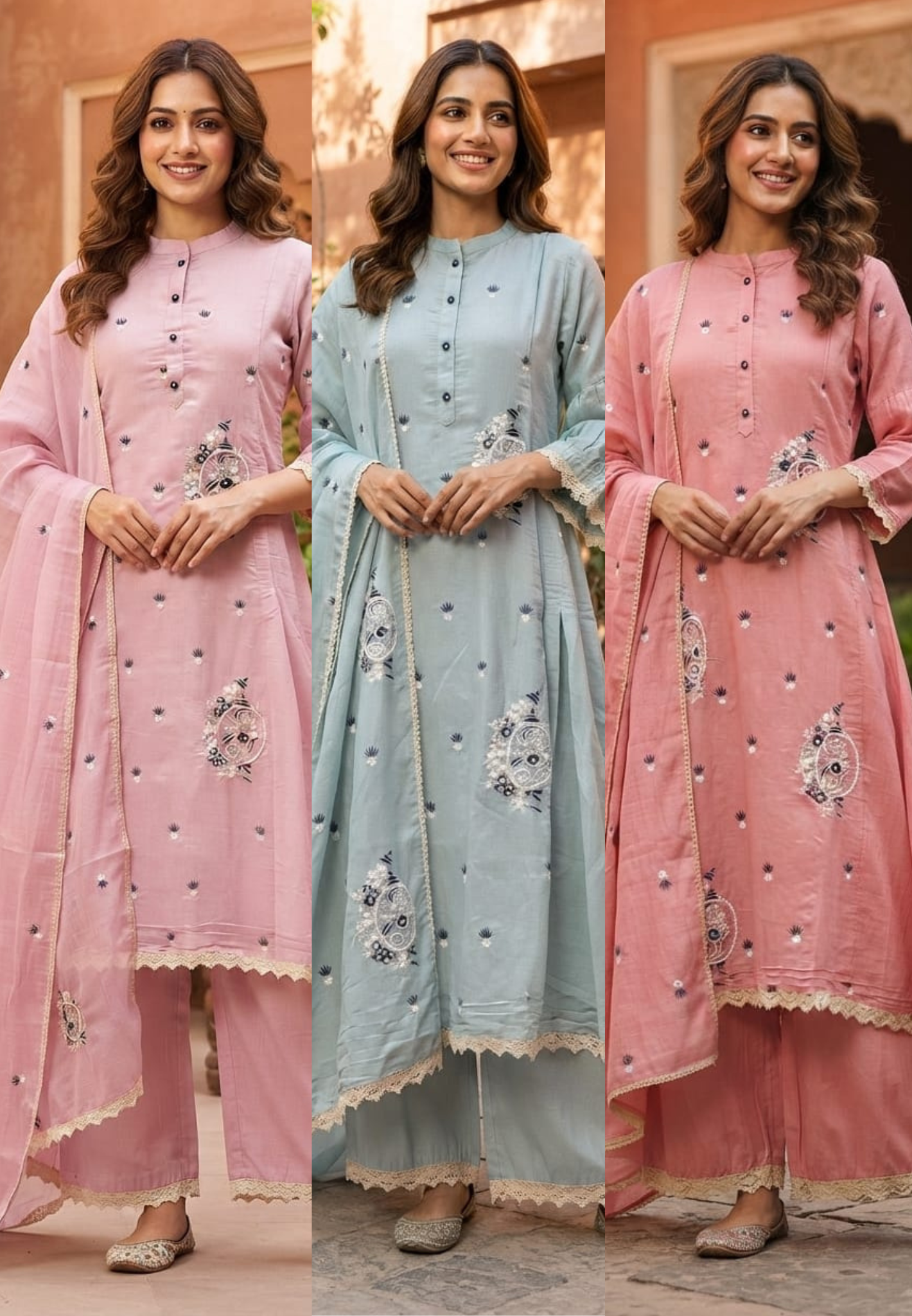 Cute Tiny Floral Motifs Closed Neck A-Line Surat Mul-Chanderi Full Suit Set With Dupatta- 15790
