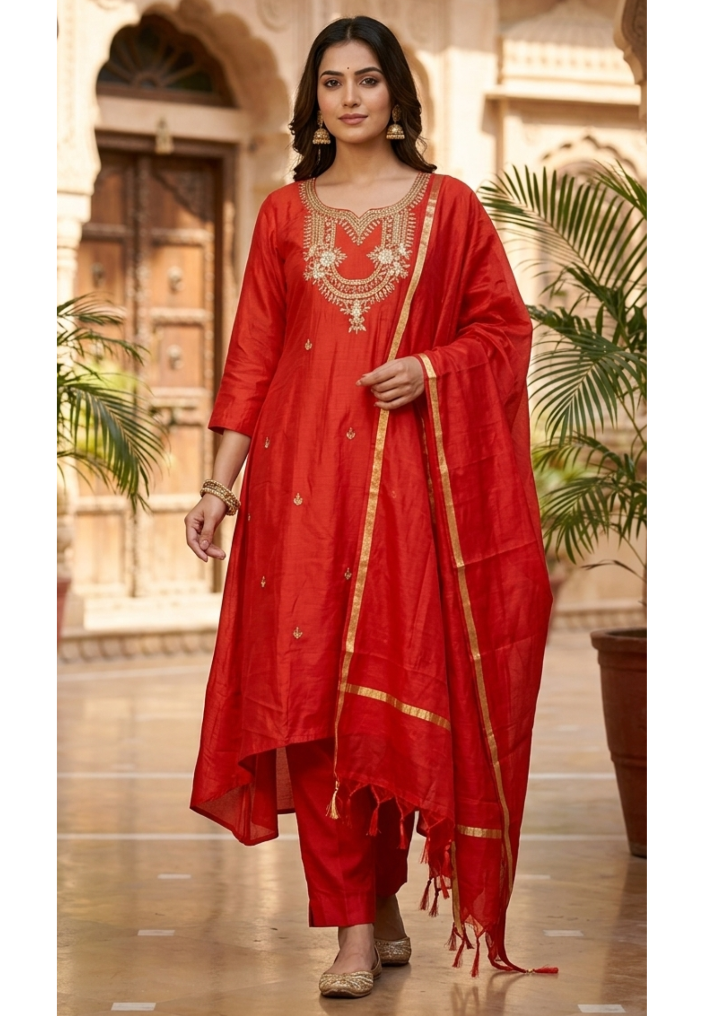 Cut-Dana With Sequin Embroidered Yoke A-Line Surat Mul-Chanderi Full Suit Set With Dupatta-  15829