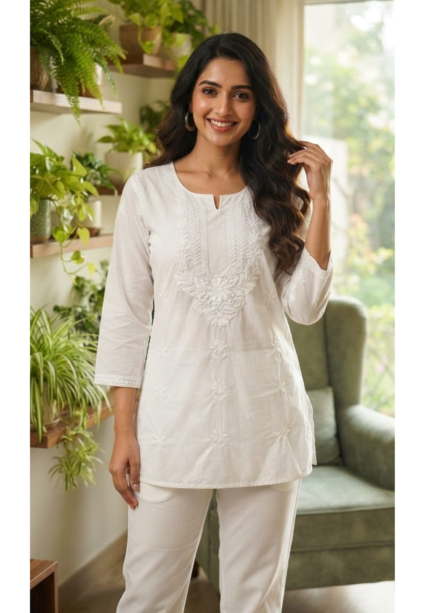 Flawless White Chikankari Thread Embroidered Cotton Kurti Only- 15871 (Thick Cotton)