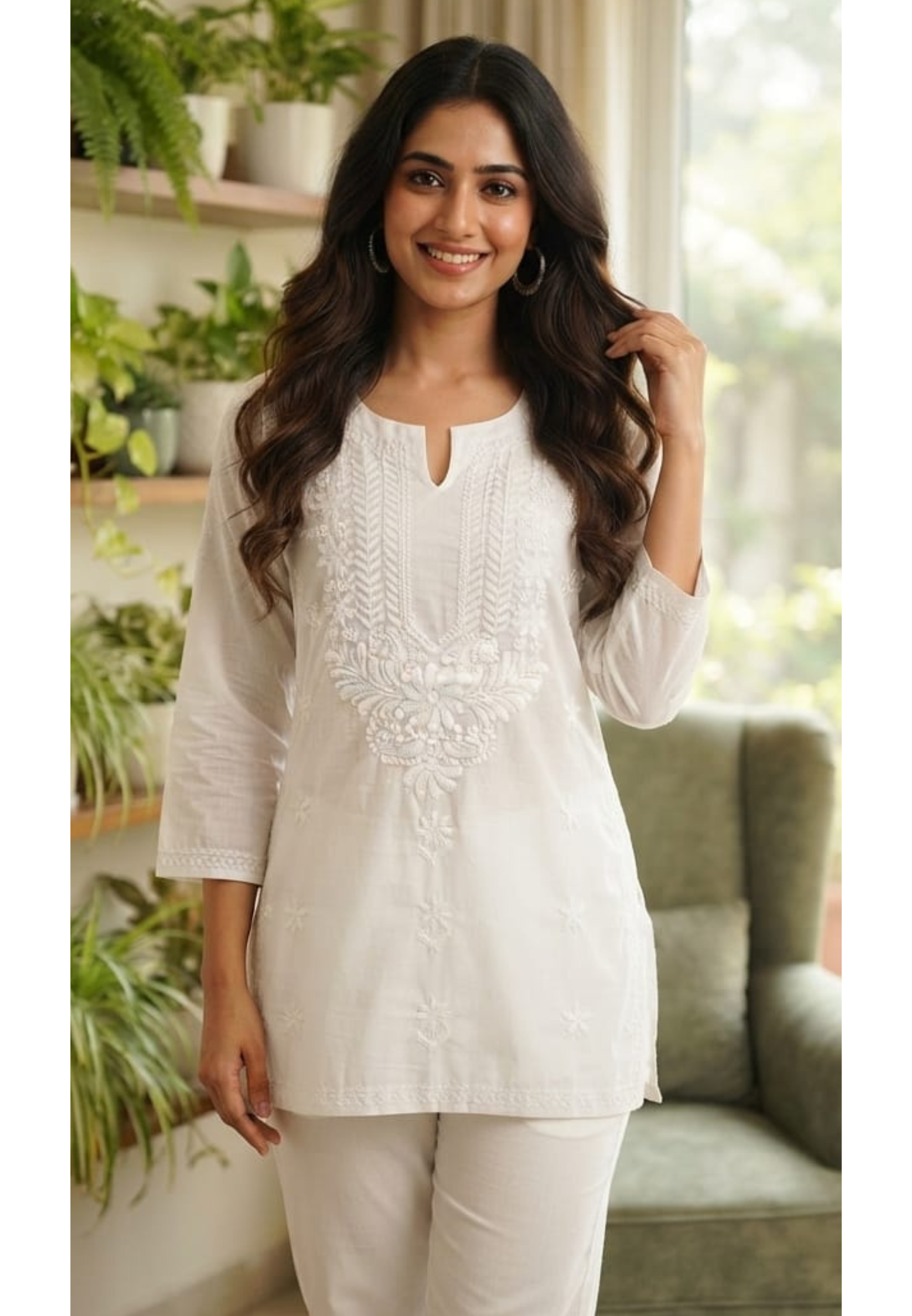 Ivory White Chikankari Casual Wear Cotton Kurti Only- 15872 (Thin Cotton)