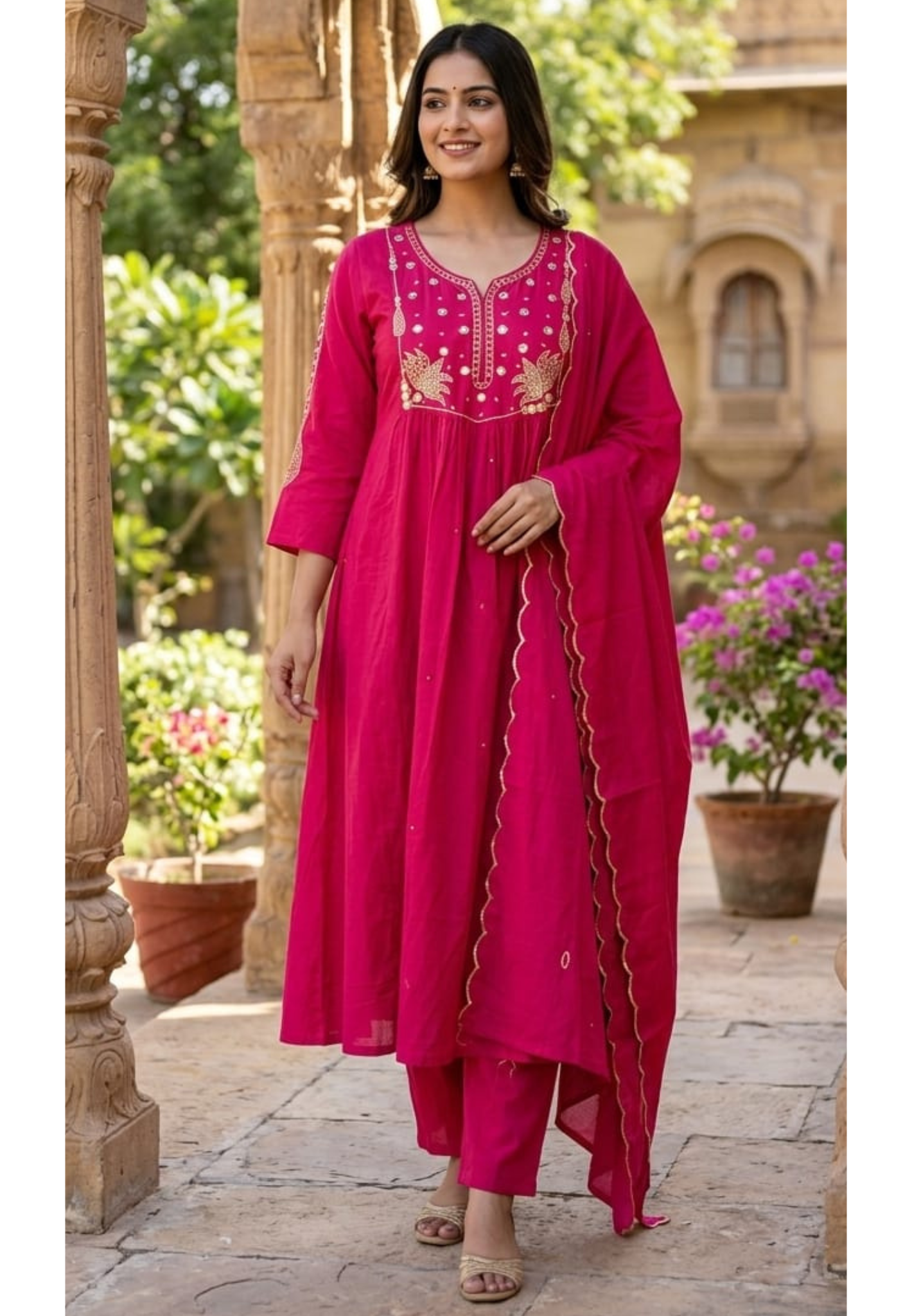 Graceful Pink Foil Embroidered Yoke Sili Cotton A-Line Full Suit Set With Dupatta-RB895
