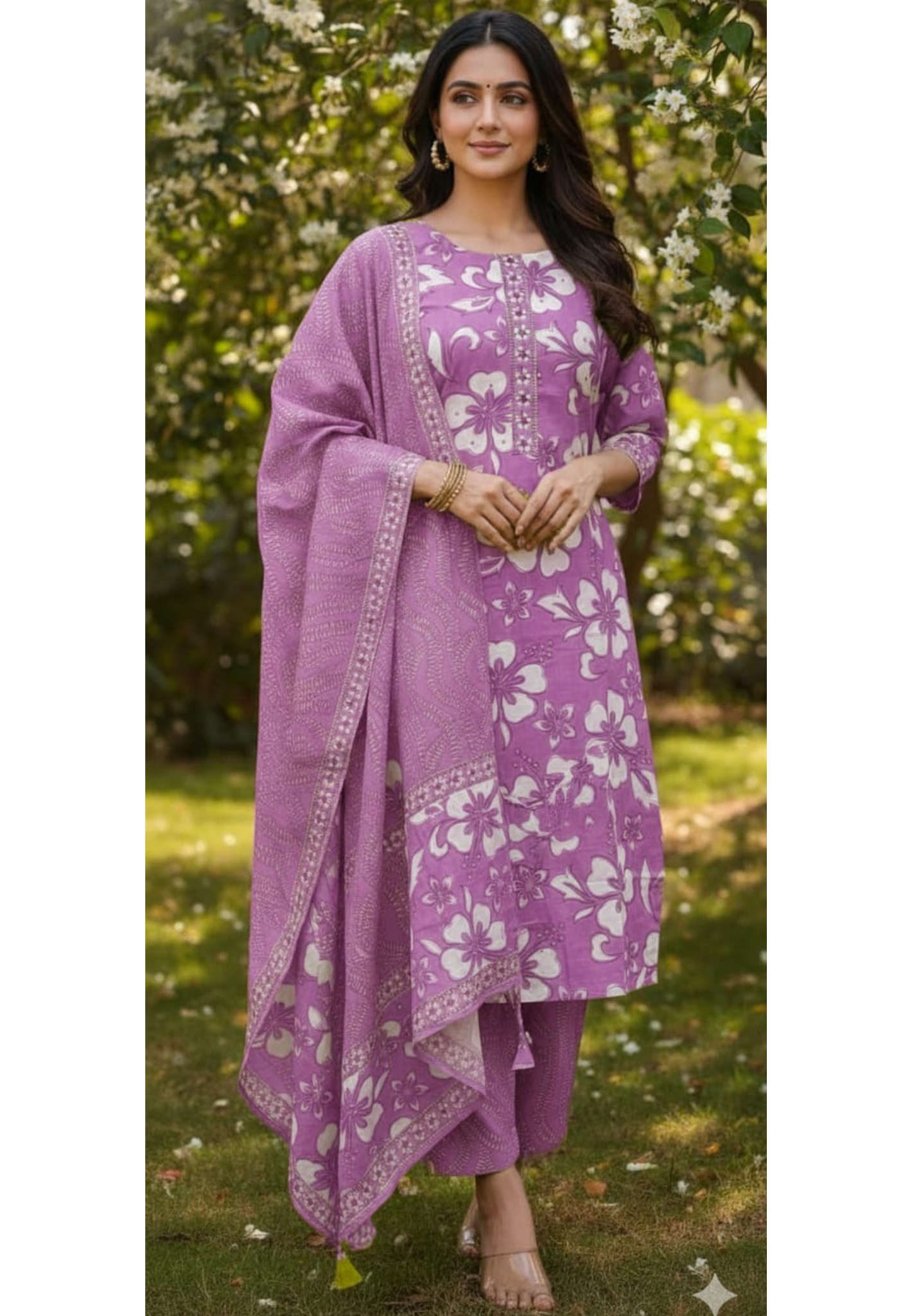 Floral Petal Printed Soft Cotton Full Suit Set With Dupatta RB896