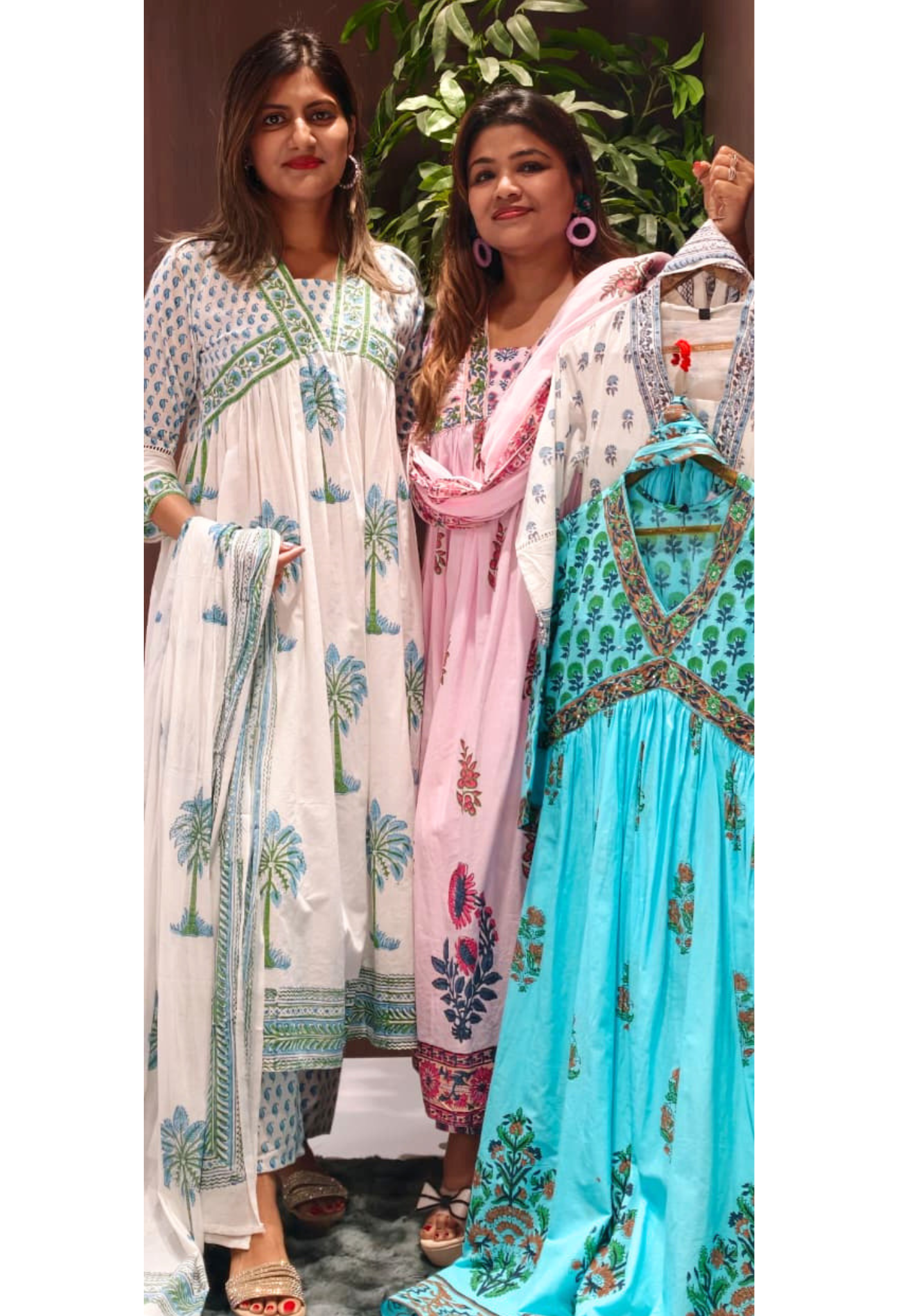 Elegant V-Neckline Alia-Cut Soft Cotton Anarkali Full Suit Set With Floral Block Prints- 15834, 15835