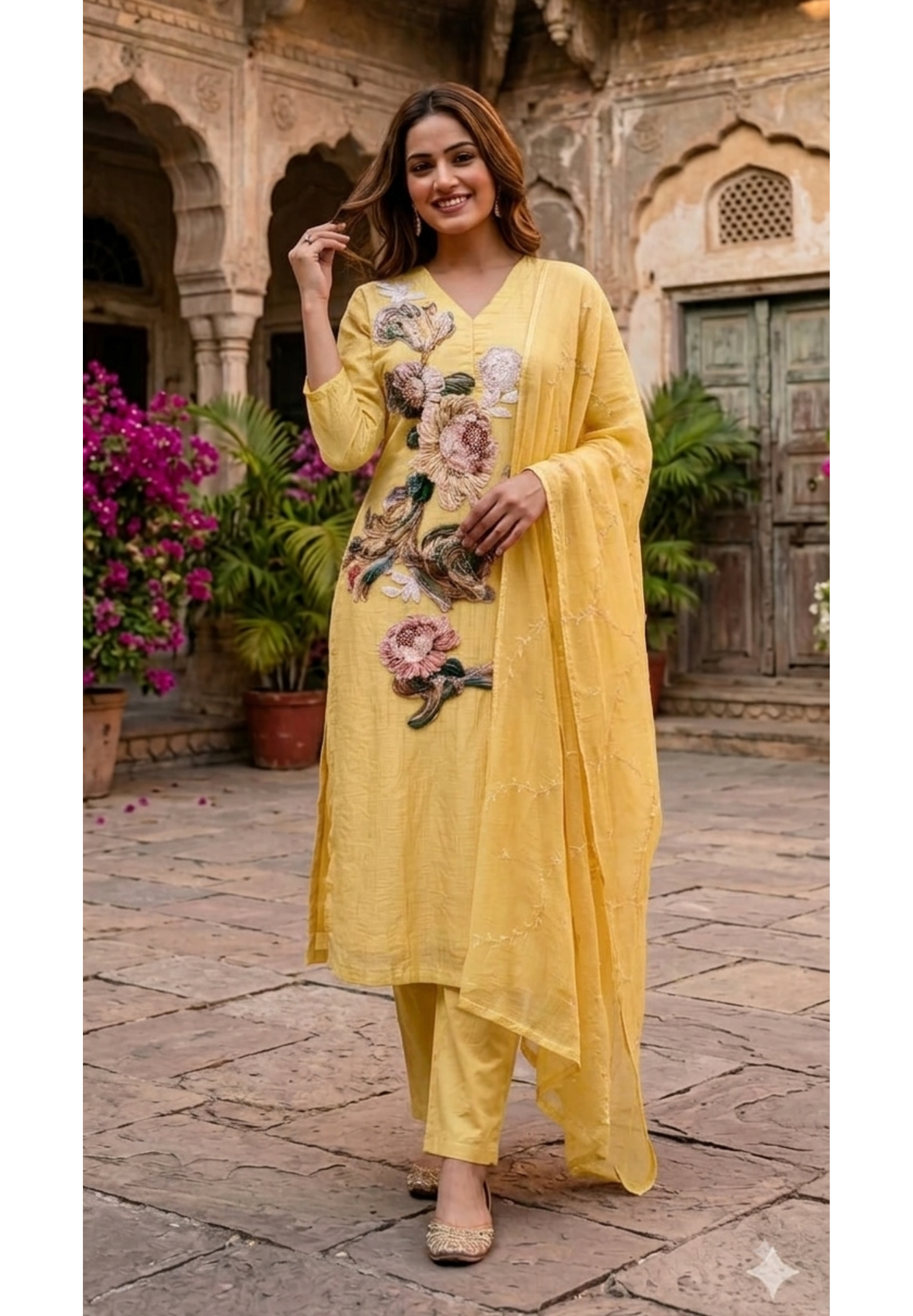 Pastel Graceful Yellow 3D Floral Popped Work Premium Imported Full Suit Set With Dupatta- 15214