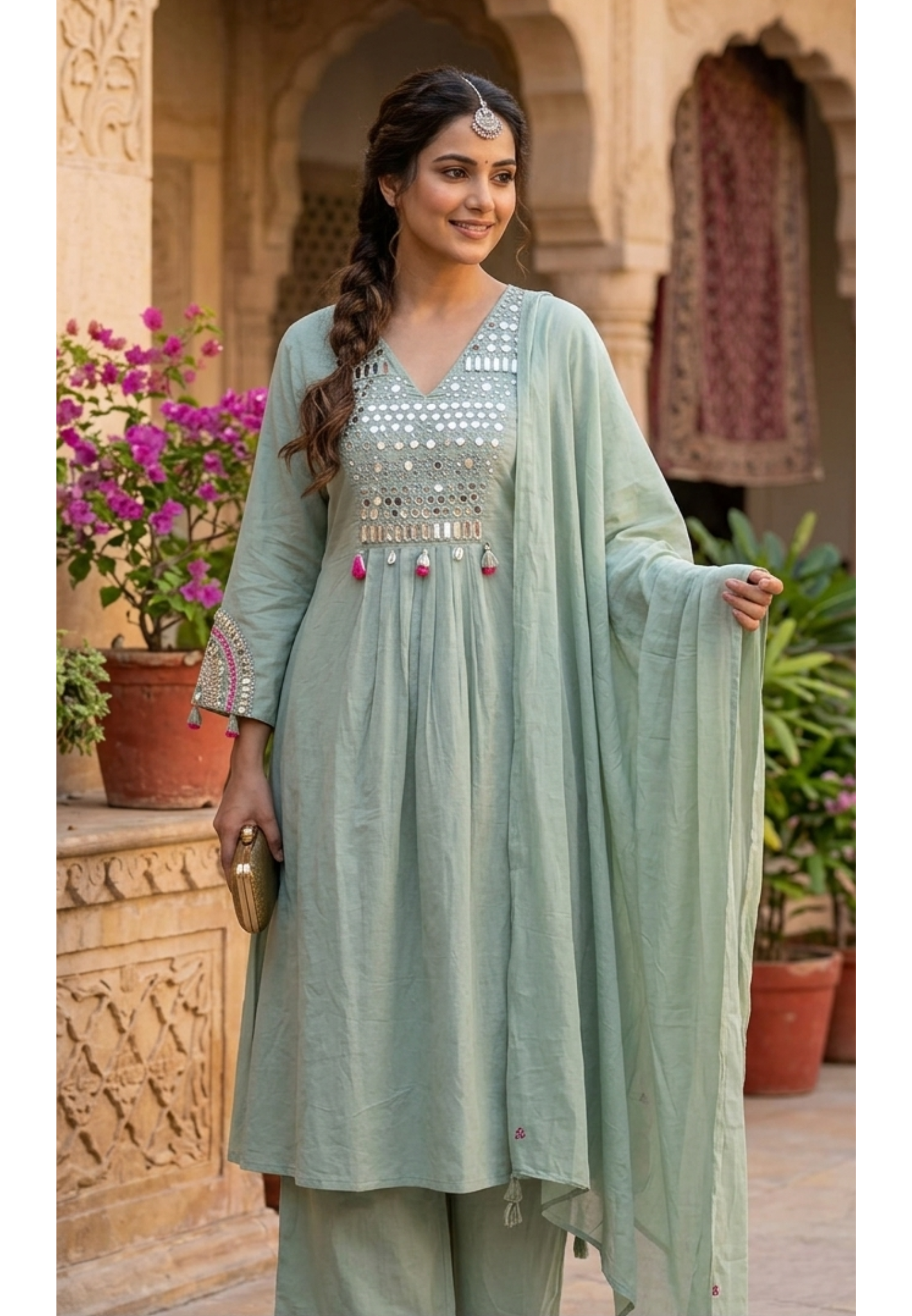 Kodi Real Mirror Work Handwork Boho Style A-Line Cotton Full Suit Set With Dupatta- RB567