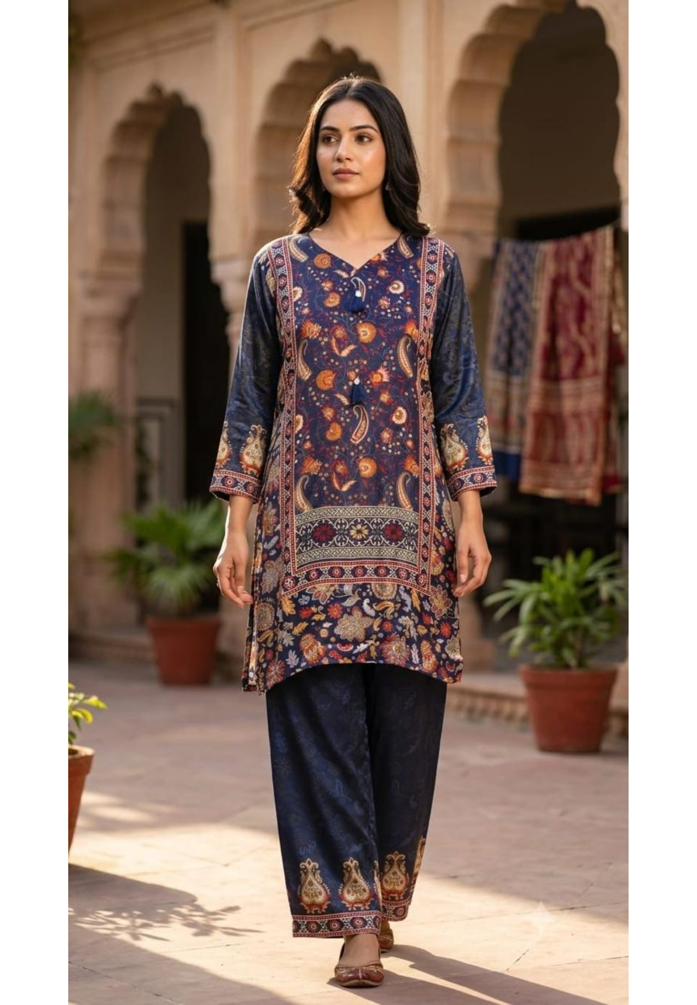 Indigo Scattered Multicolor Printed Casual Wear Pure Crepe Co-Ord Set- 15377