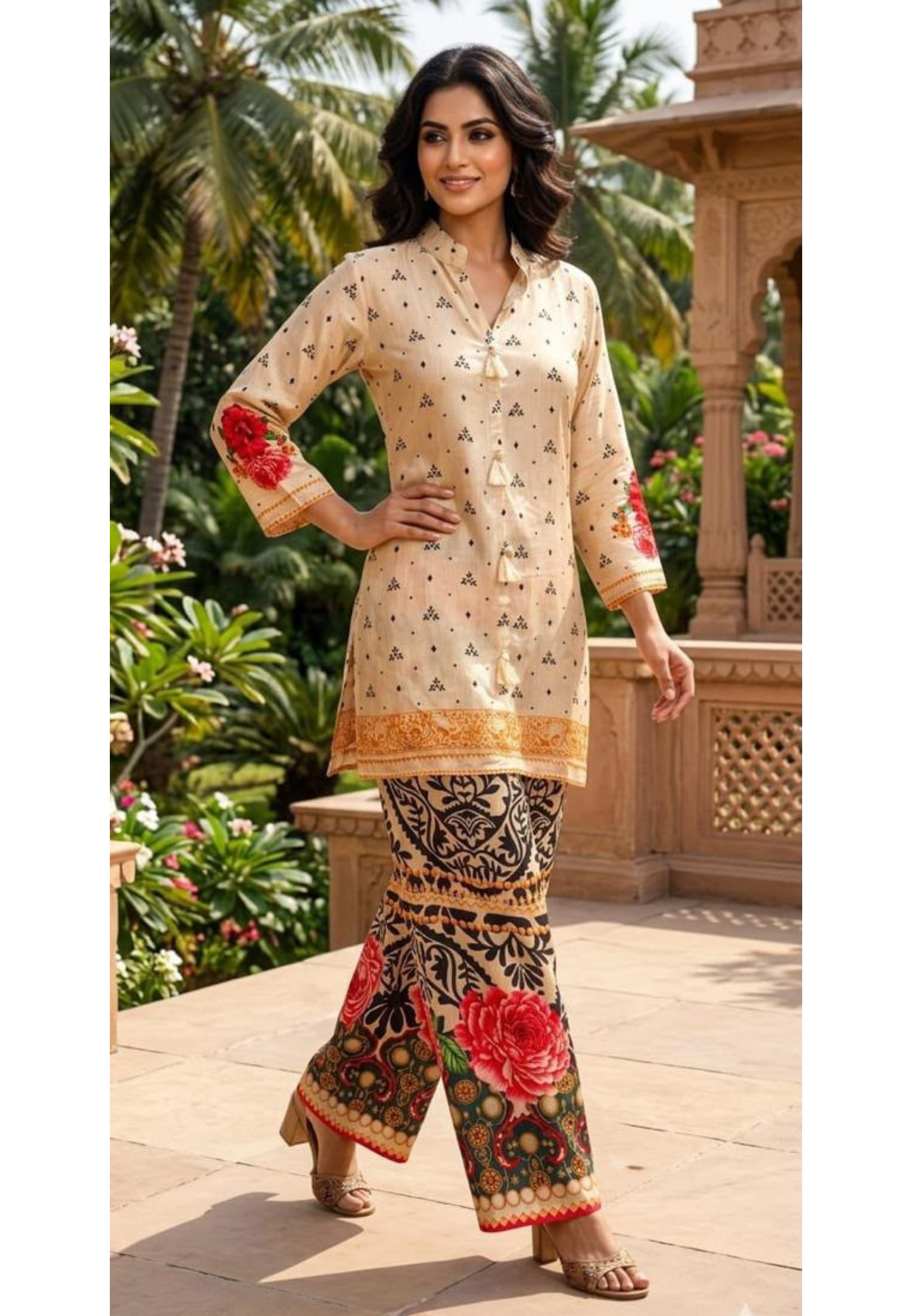 Digital Floral Multi Printed Tassel Accent Mandarin Collared Crepe Co-Ord Set- 15239