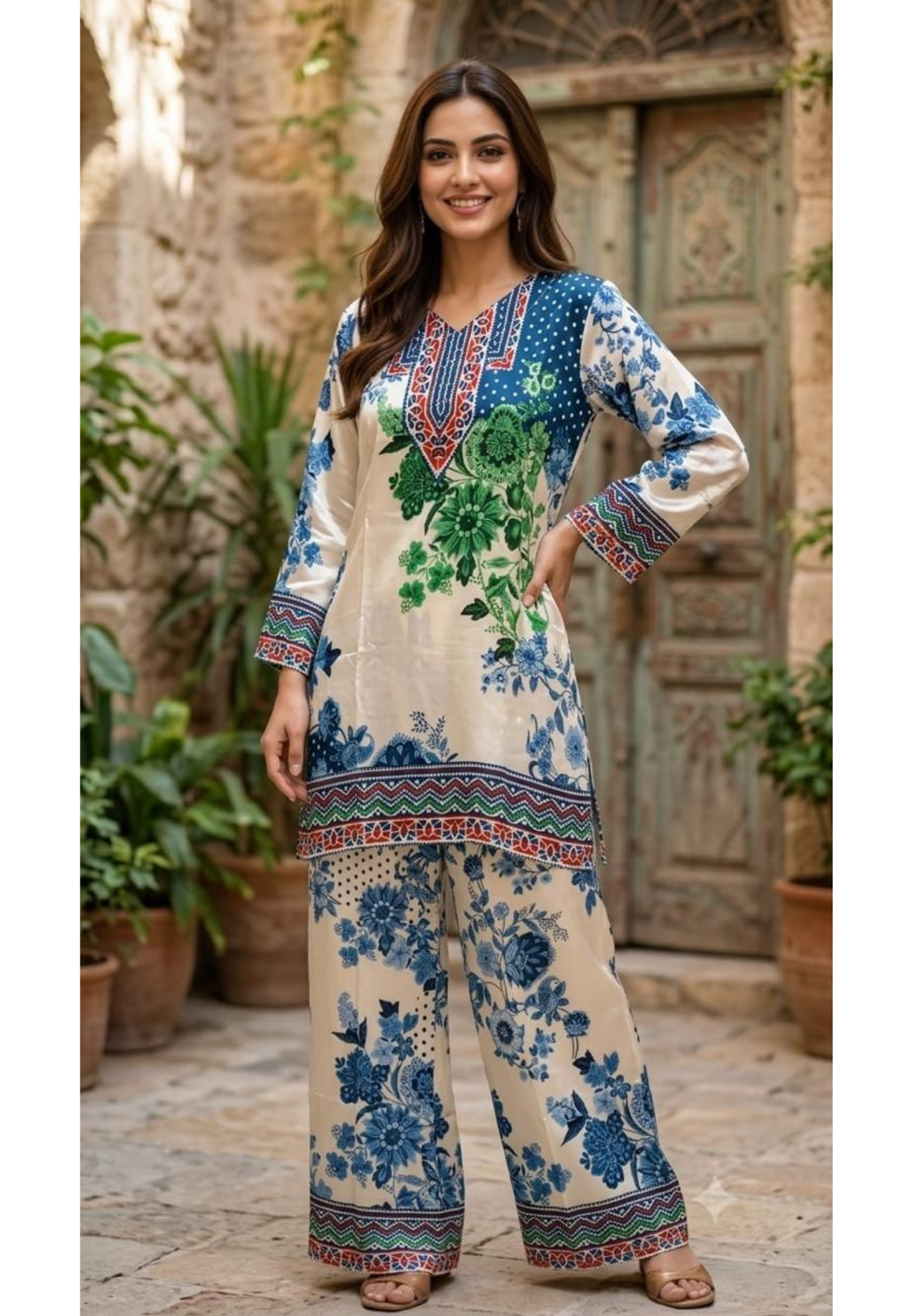 Forest Gradenia Inspired Digital Printed Crepe Casual Co-Ord Set- 15377