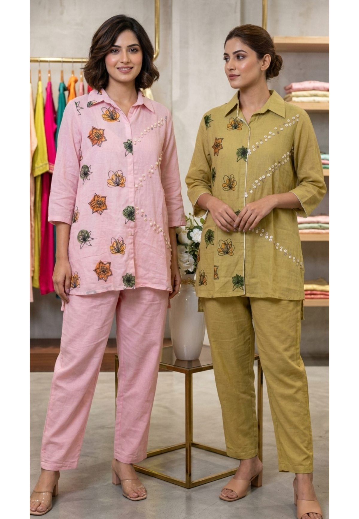 Cute Floral Accent With Buttoned Touch One Shade Casual Co-Ord Set- 14929