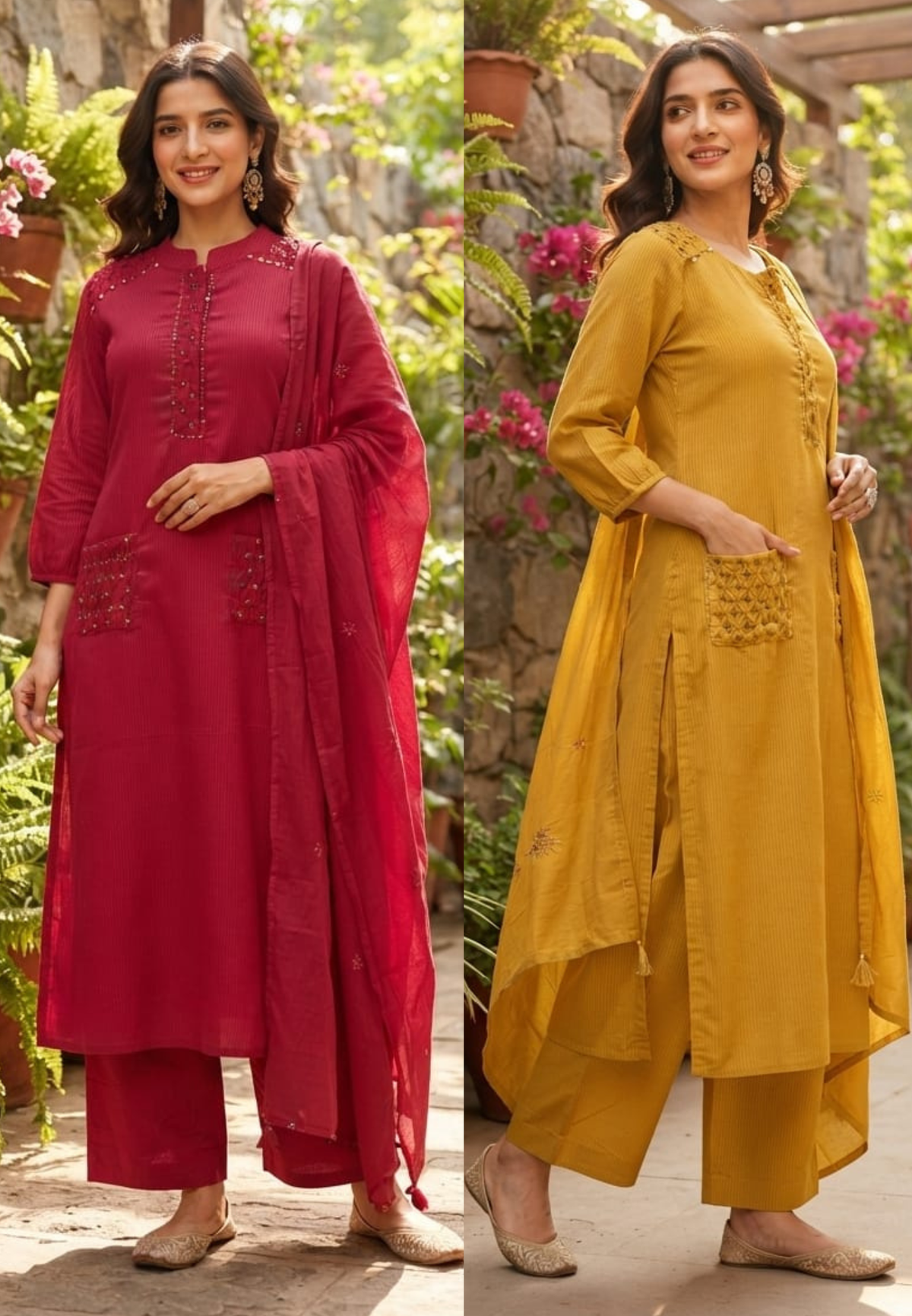 Pin-Tucks Style Pocket Look Mustard Shaded Cotton Straight Full Suit Set With Dupatta- 15785