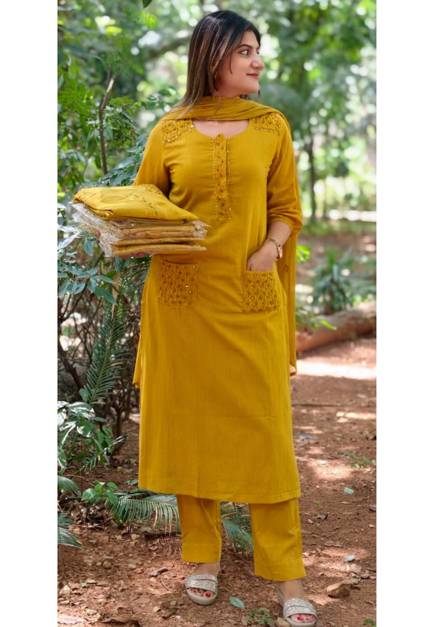 Pin-Tucks Style Pocket Look Mustard Shaded Cotton Straight Full Suit Set With Dupatta- 15214