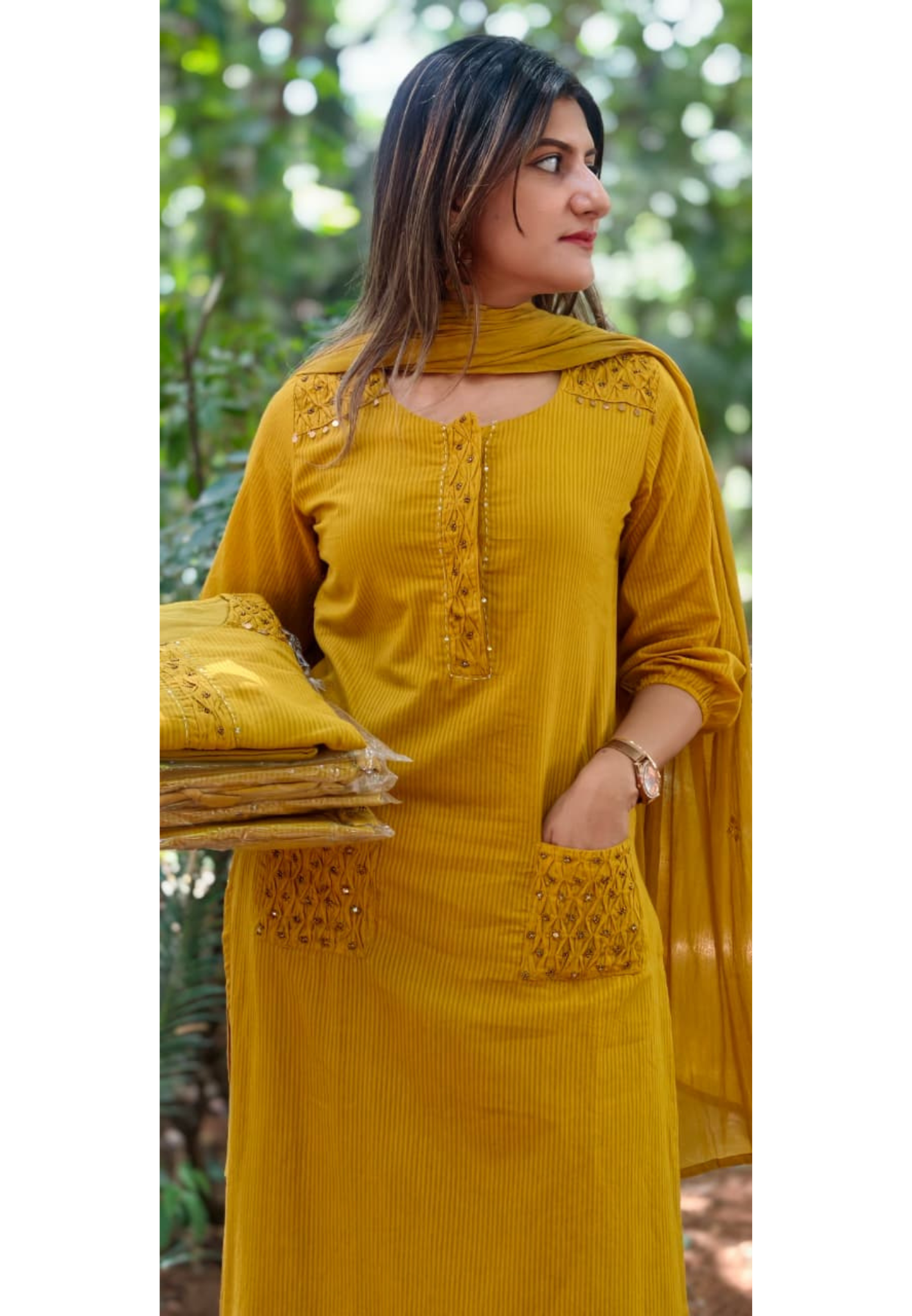 Pin-Tucks Style Pocket Look Mustard Shaded Cotton Straight Full Suit Set With Dupatta- 15214