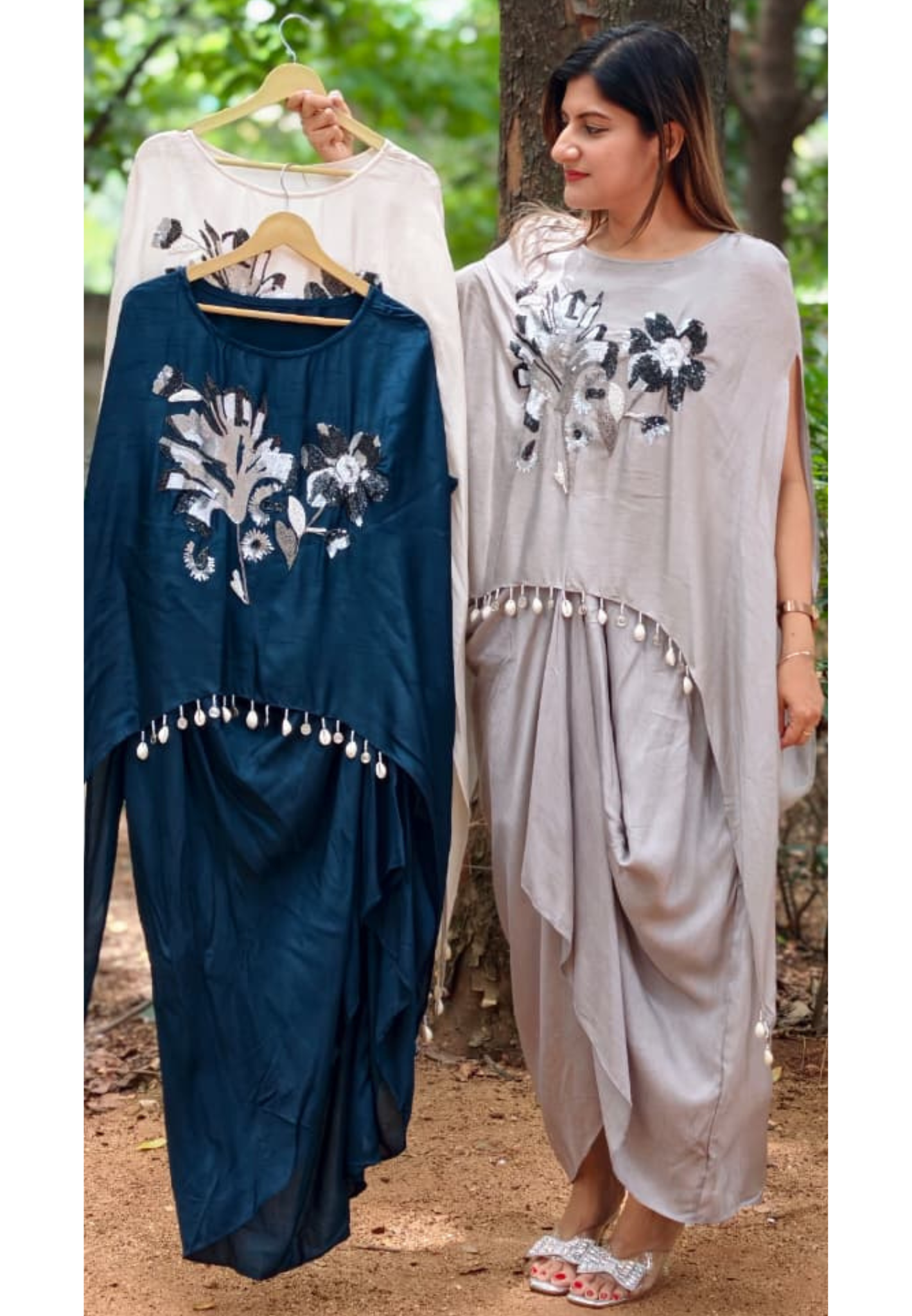 3D Floral Embroidery Marodi Work Kodi Tassel Accent High-Low Top With Matching Drape Skirt- 16010