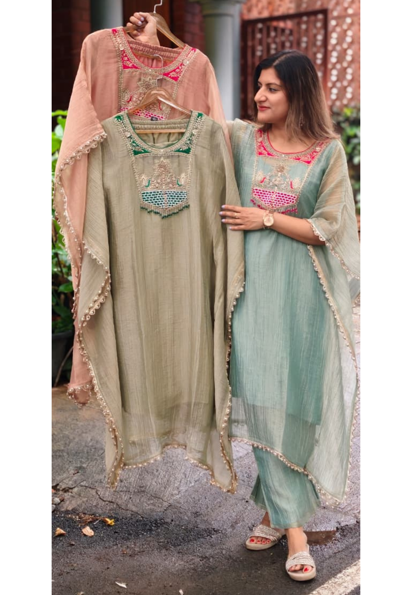 Dabka Contrasted Embroidered Tassel Yoke Premium Salsa Fabric Kaftan With Matching Bottom- 15972