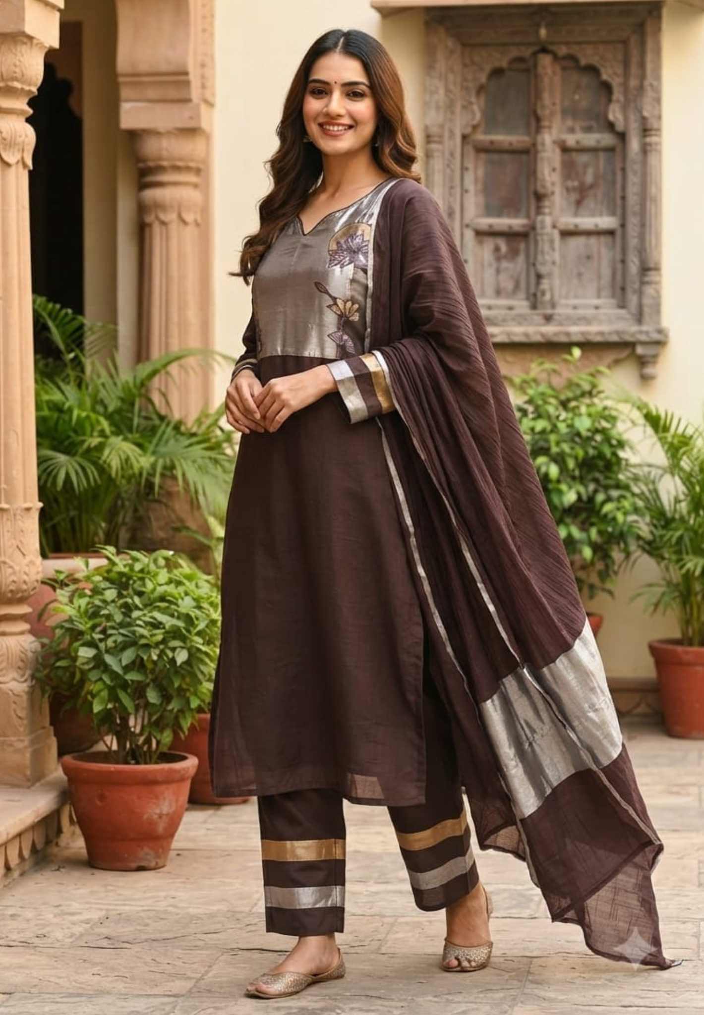 Metallic Floral Applique Yoke Coffee Pallete Banarasi Mul-Chanderi A-Line Full Suit Set With Dupatta- 15988