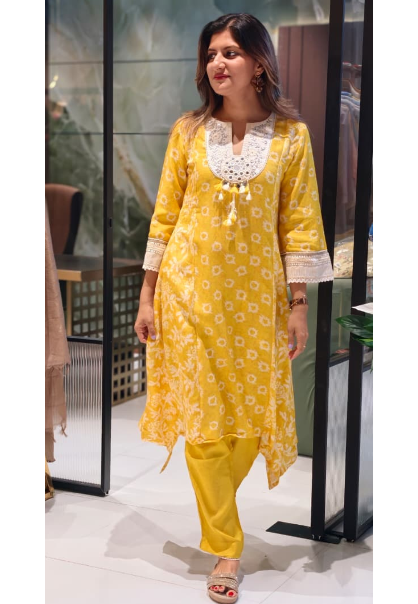 Graceful Summer Yellow Boho Tassel Accent Yoke Printed Panel Pure Linen A-Line Kurta Pant Set- 15507
