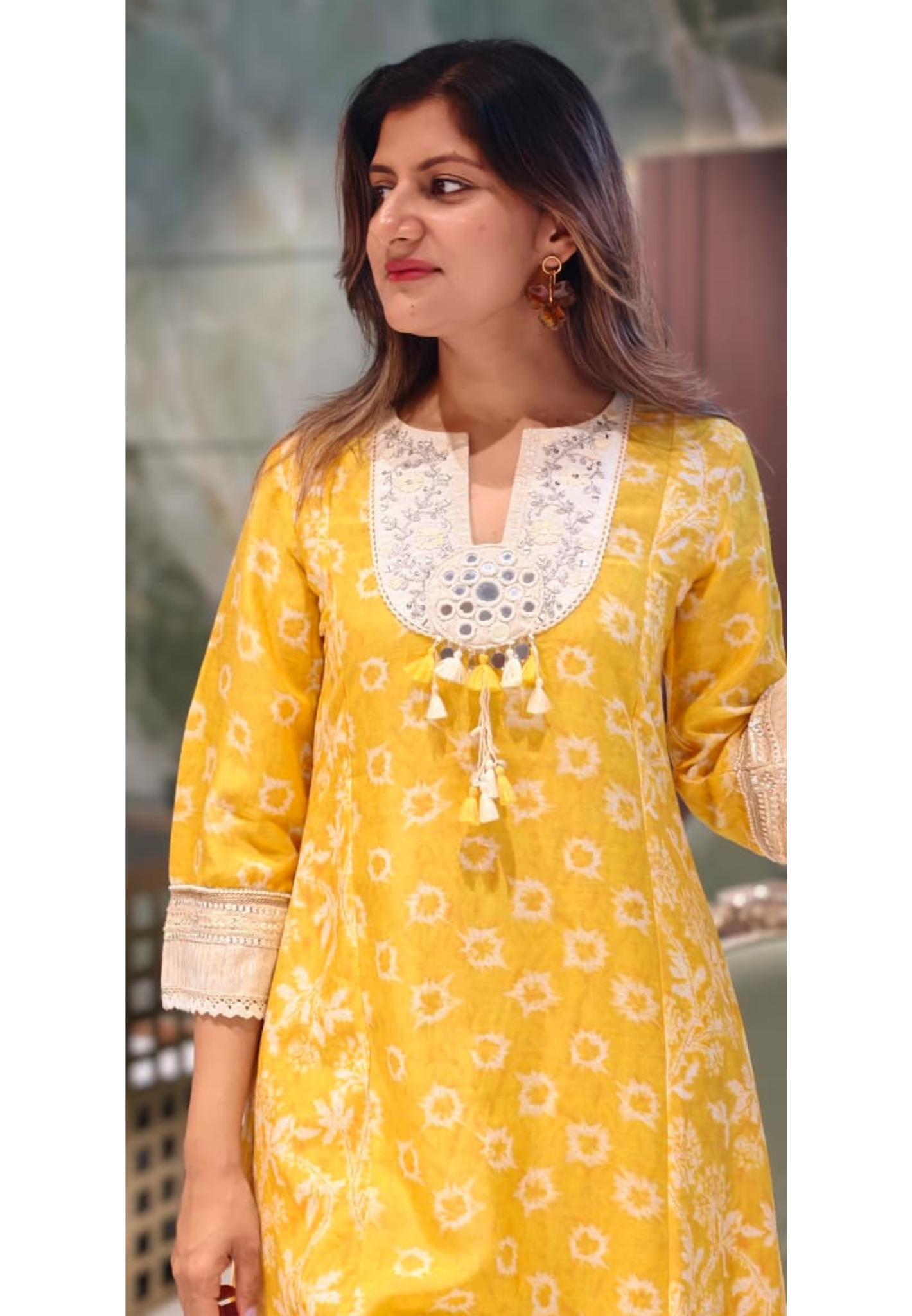 Graceful Summer Yellow Boho Tassel Accent Yoke Printed Panel Pure Linen A-Line Kurta Pant Set- 15507