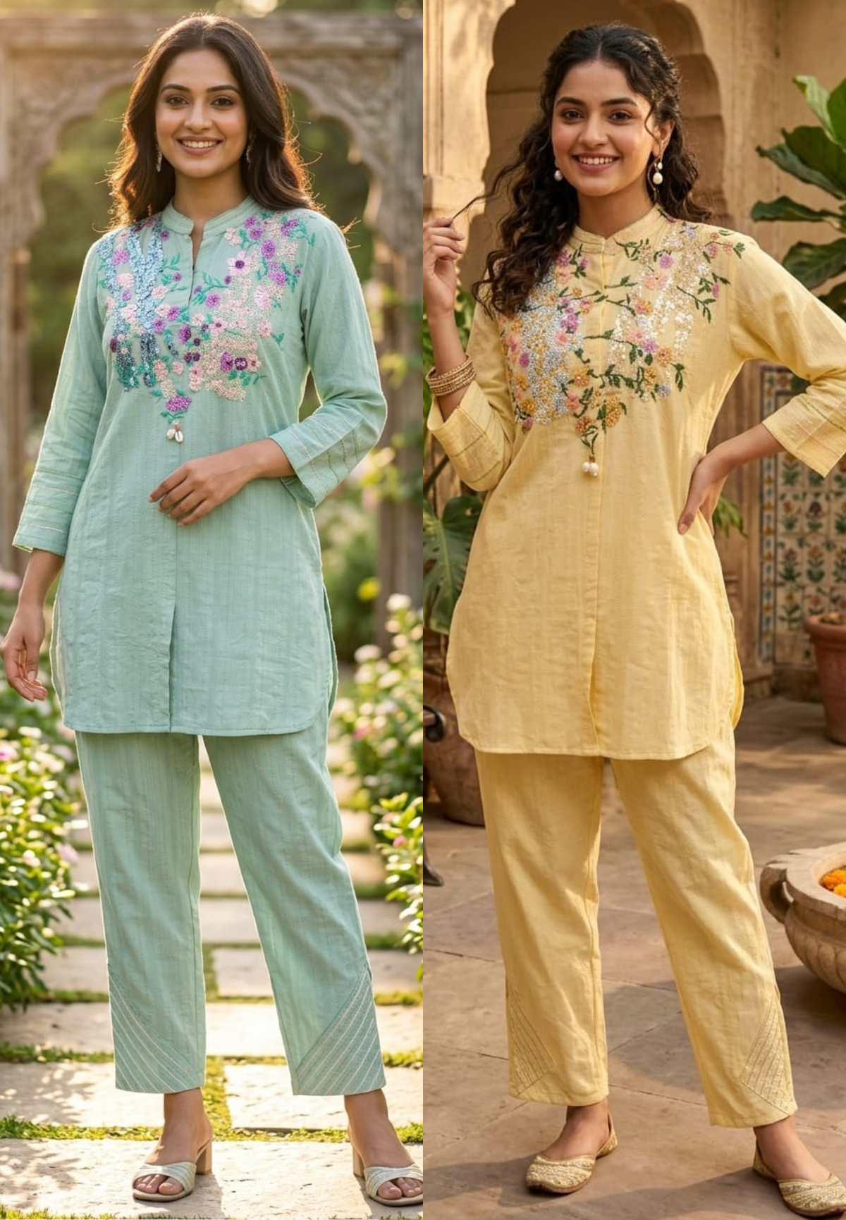 3D Sequin Floral Embroidered Yoke Mandarin Collar Matching Co-Ord Set- 15210