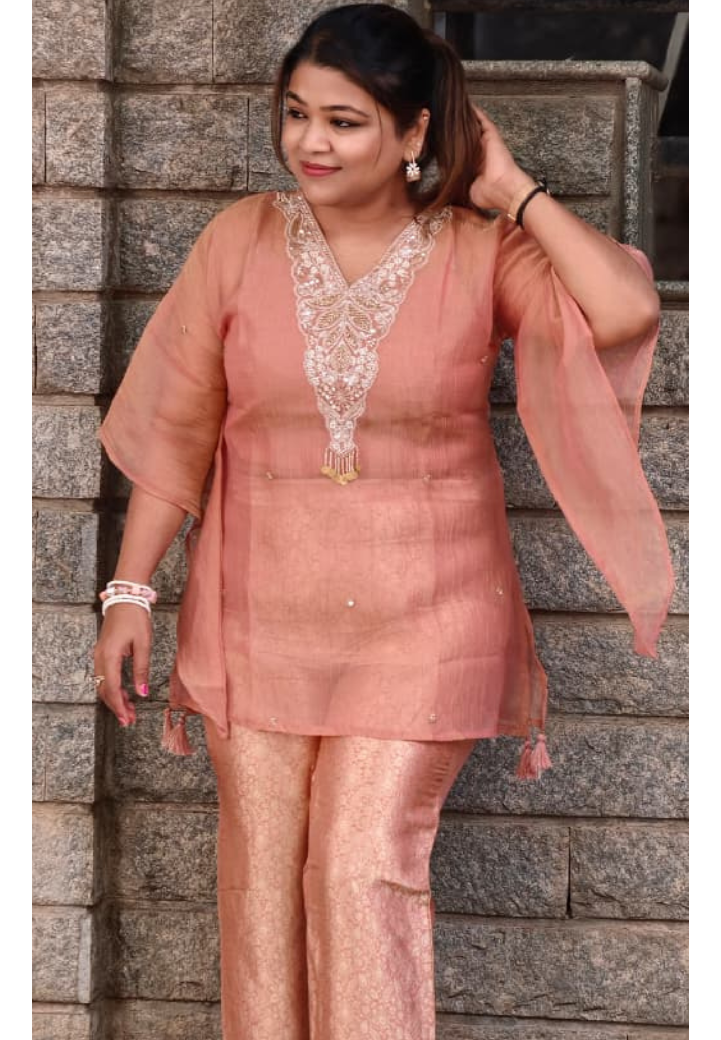 Intricate Beads With Cut-Dana Embroidered Neckline Crush Tissue Kaftan Style Sleeve Co-Ord Set With Brocade Bottom- 15967