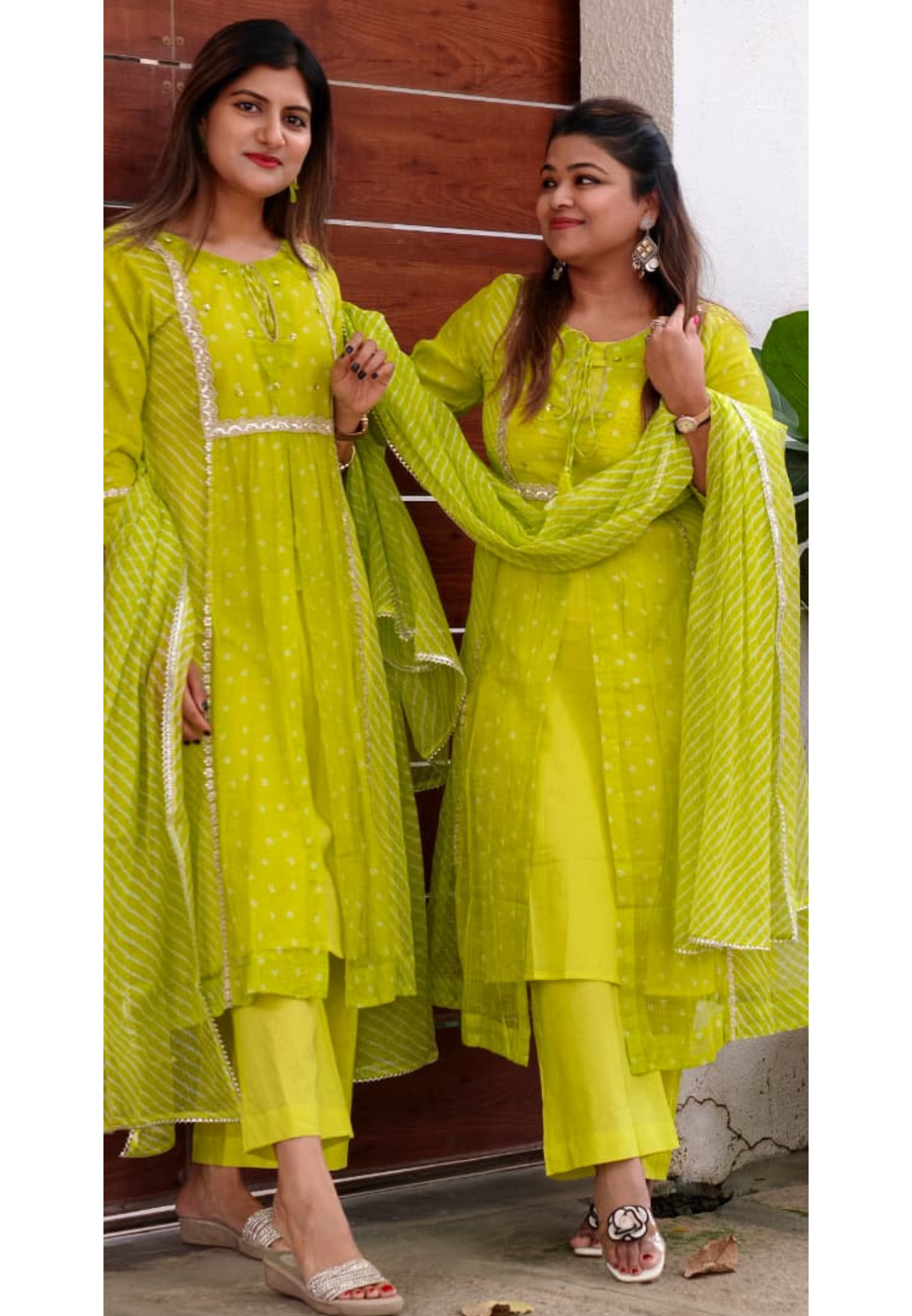Parrot Inspired Shade Shimmer Border Highlights Leher Panel Checks Kora Cotton A-line Full Suit Set With Dupatta- 15986