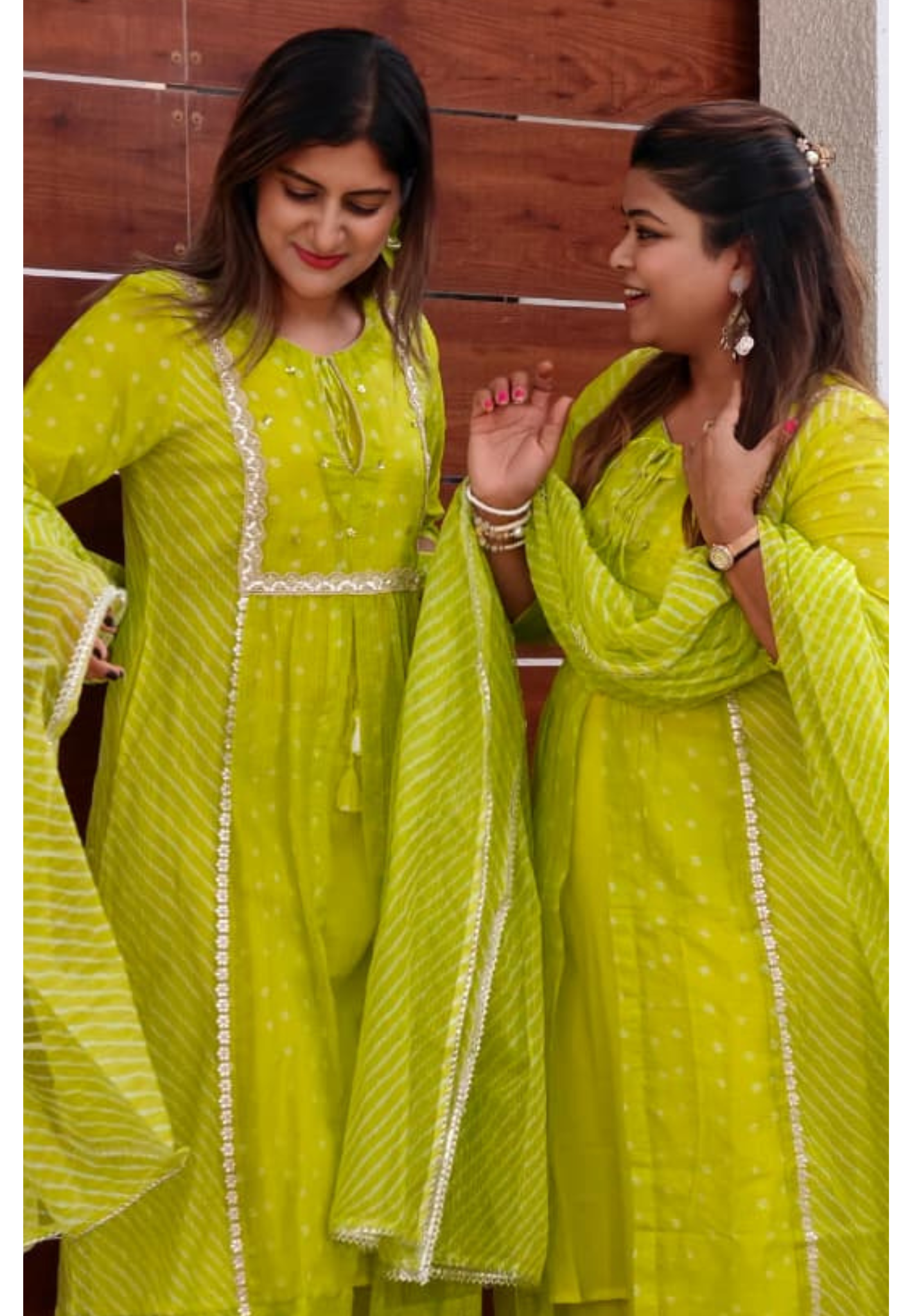 Parrot Inspired Shade Shimmer Border Highlights Leher Panel Checks Kora Cotton A-line Full Suit Set With Dupatta- 15986