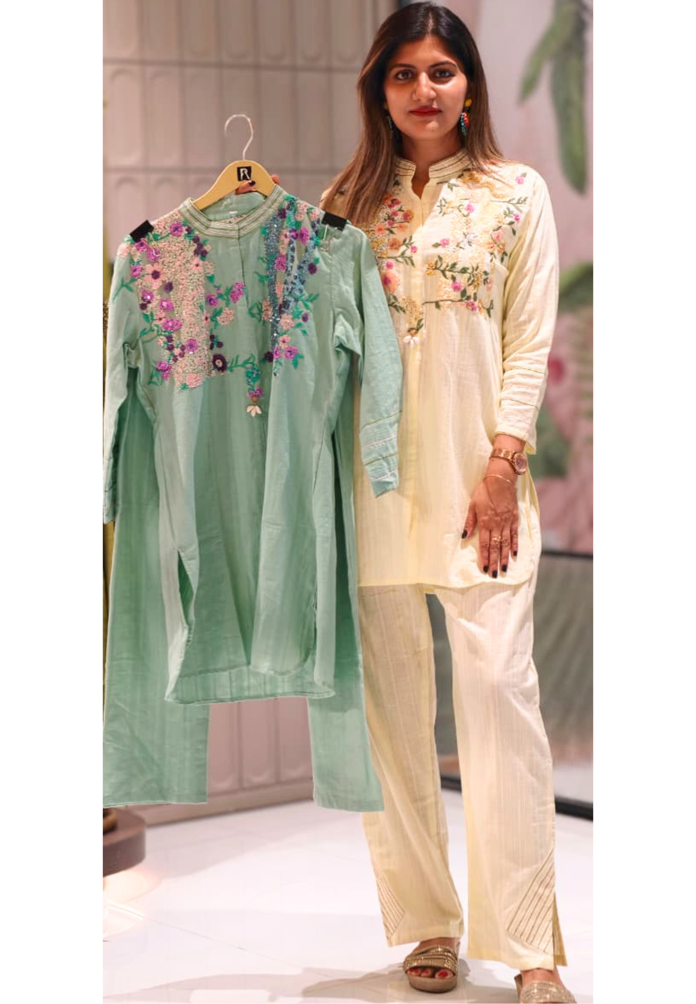 3D Sequin Floral Embroidered Yoke Mandarin Collar Matching Co-Ord Set- 15210