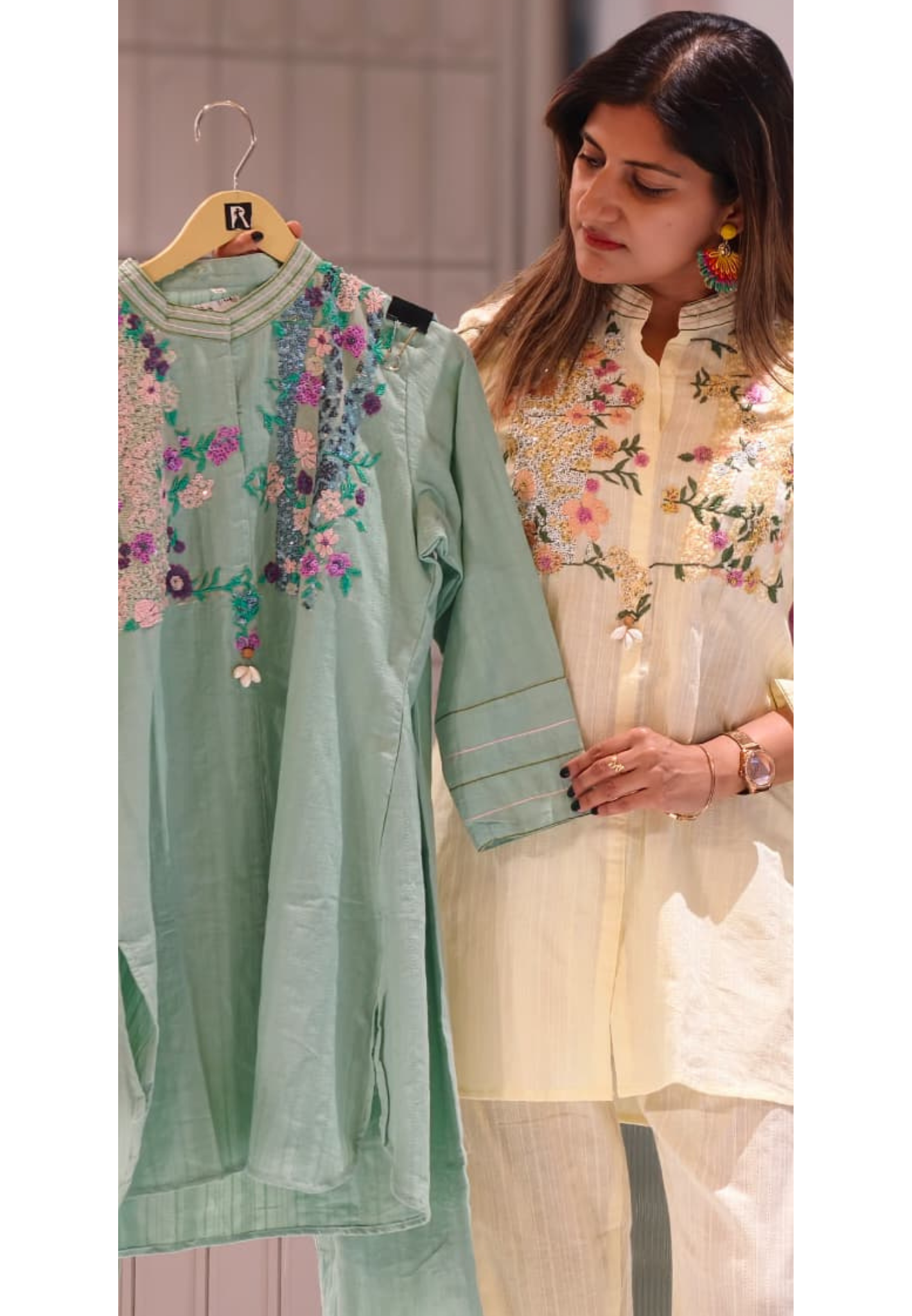 3D Sequin Floral Embroidered Yoke Mandarin Collar Matching Co-Ord Set- 15210
