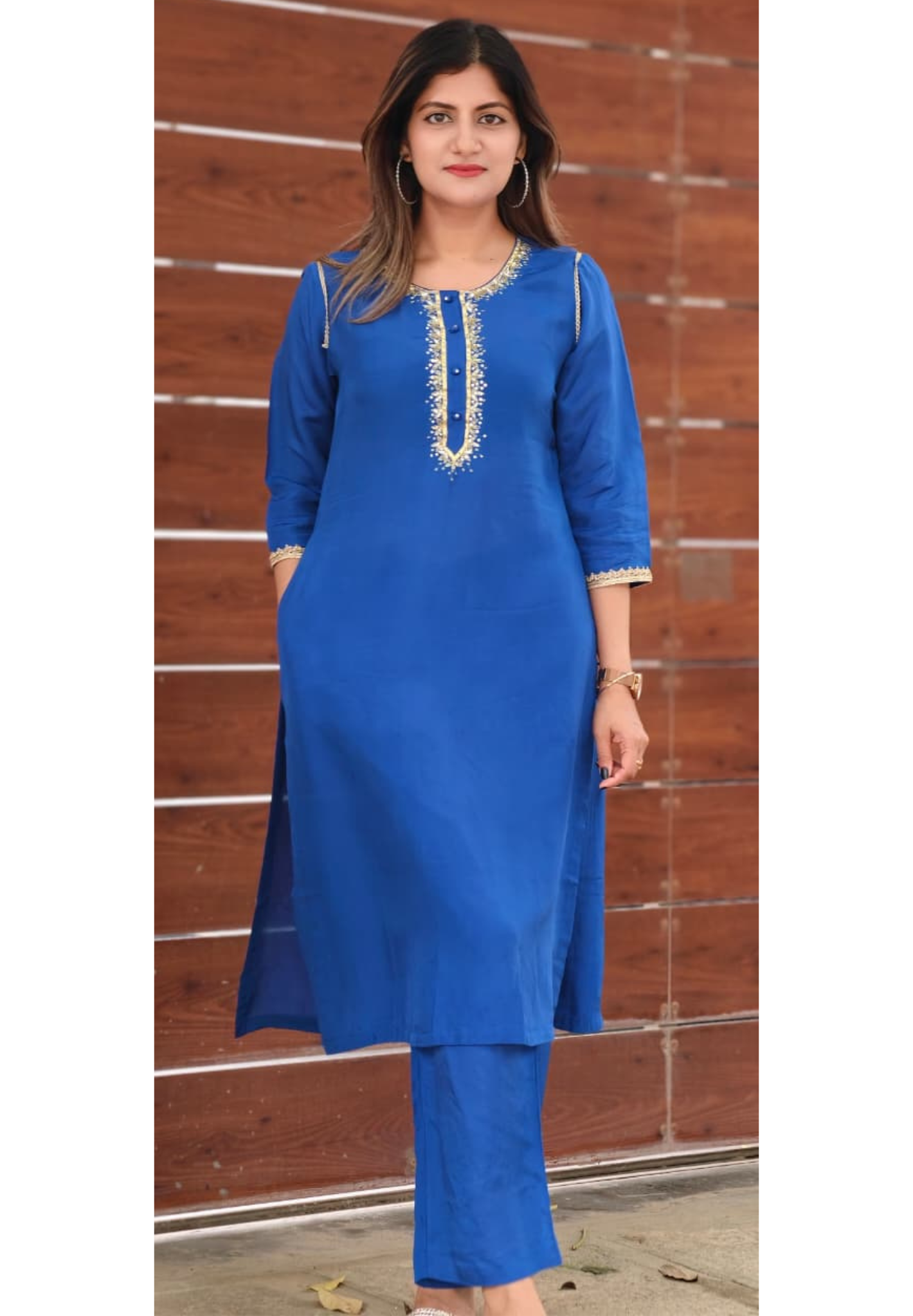 Royal Blue Gotta Patti Golden Sequin Embroidery Outlined Modal Satin Kurta Pant Set- 15987