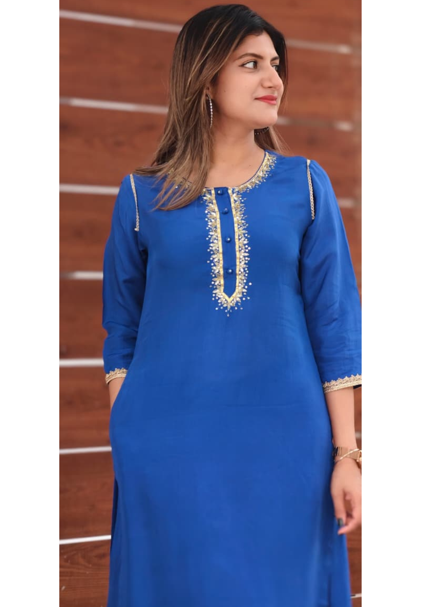 Royal Blue Gotta Patti Golden Sequin Embroidery Outlined Modal Satin Kurta Pant Set- 15987