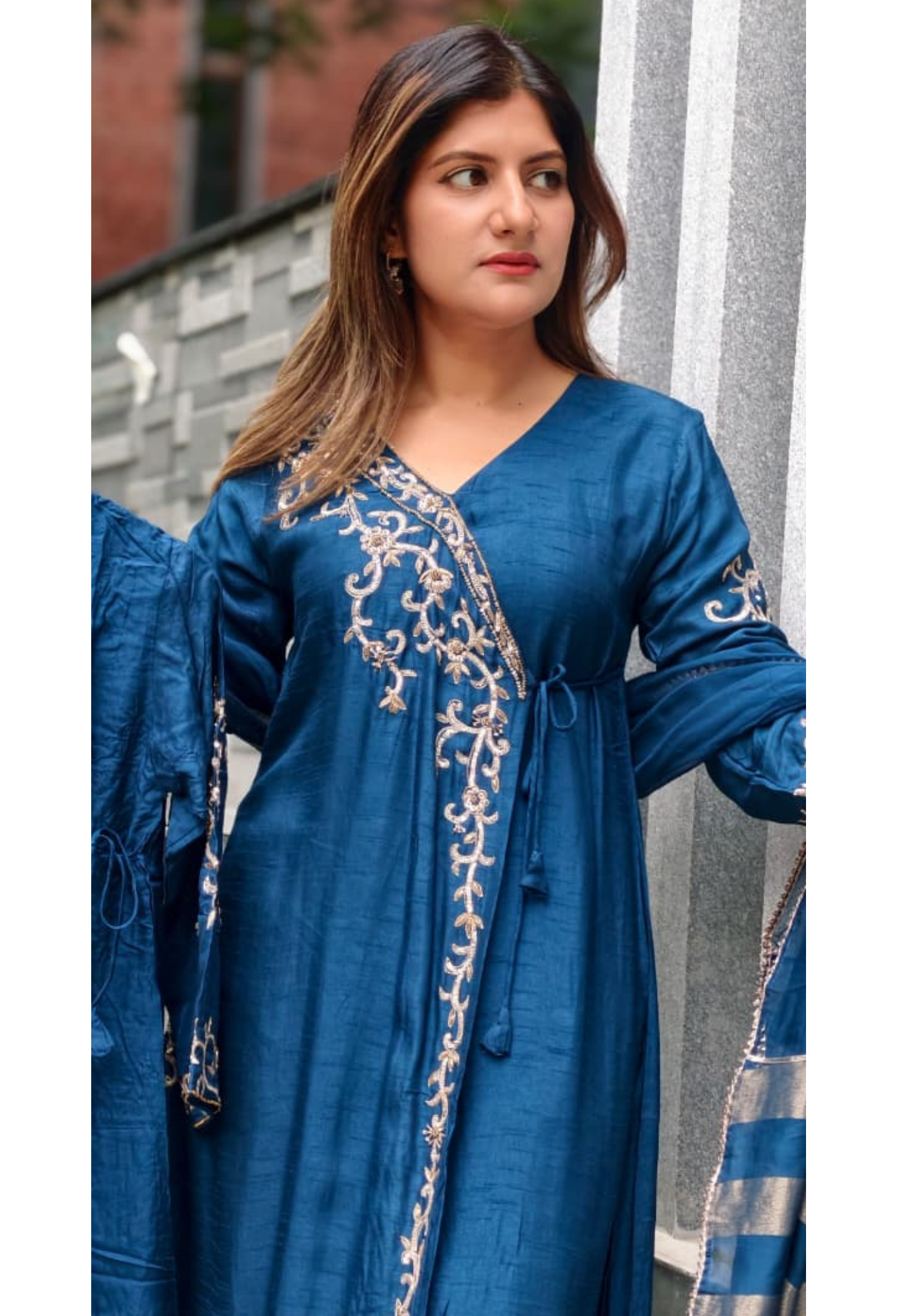 Royal Navy Blue Hand-Embroidered Branch Tail Angrakha Side Knotted Russian Silk A-Line Full Suit Set With Dupatta- 15990
