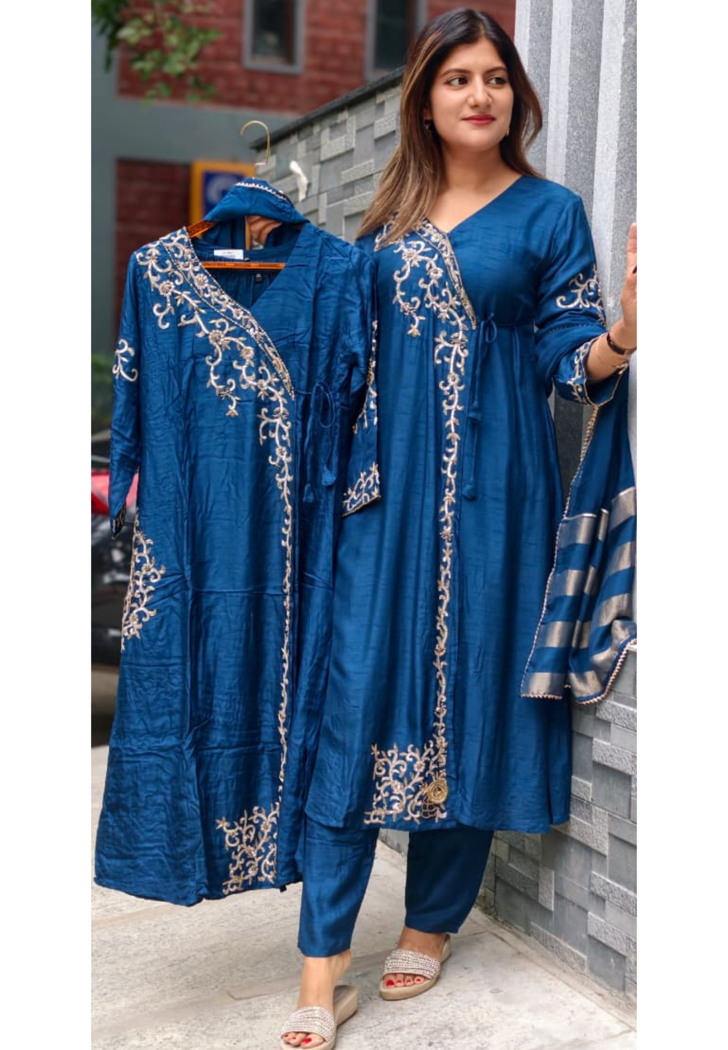 Royal Navy Blue Hand-Embroidered Branch Tail Angrakha Side Knotted Russian Silk A-Line Full Suit Set With Dupatta- 15990