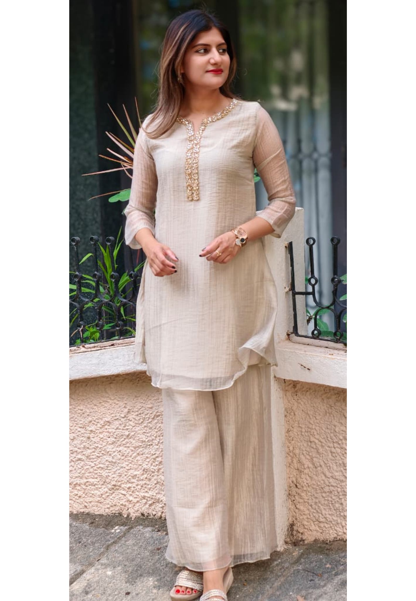 Elegant Crystal Stones Neckline Premium Co-Ord Set With Loose Palazzo Bottom In Salsa Fabric- 15290