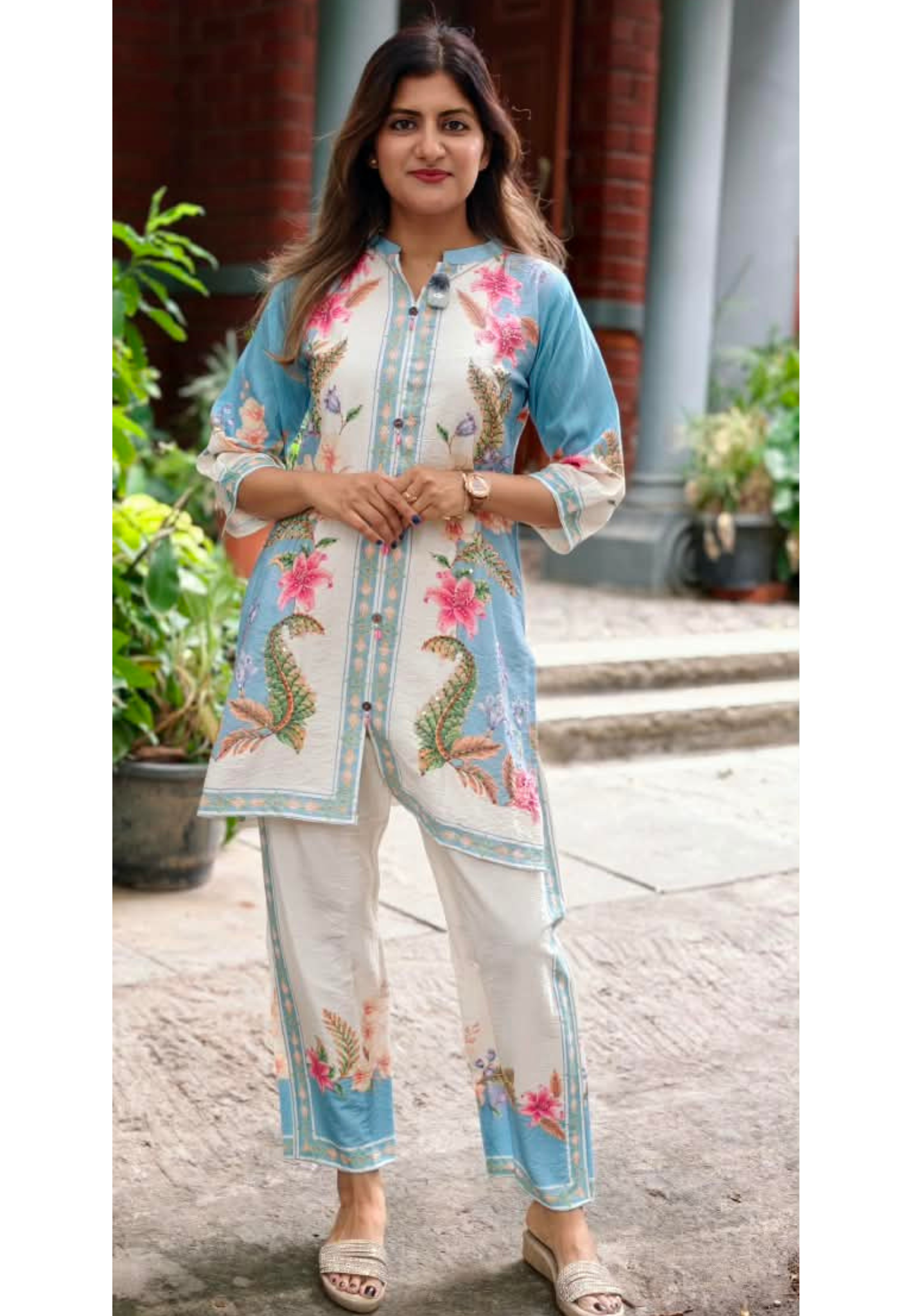Graceful Floral Gardenia Digital Prints Viscose Rayon Co-Ord Set- 15902 (Lean Fit)