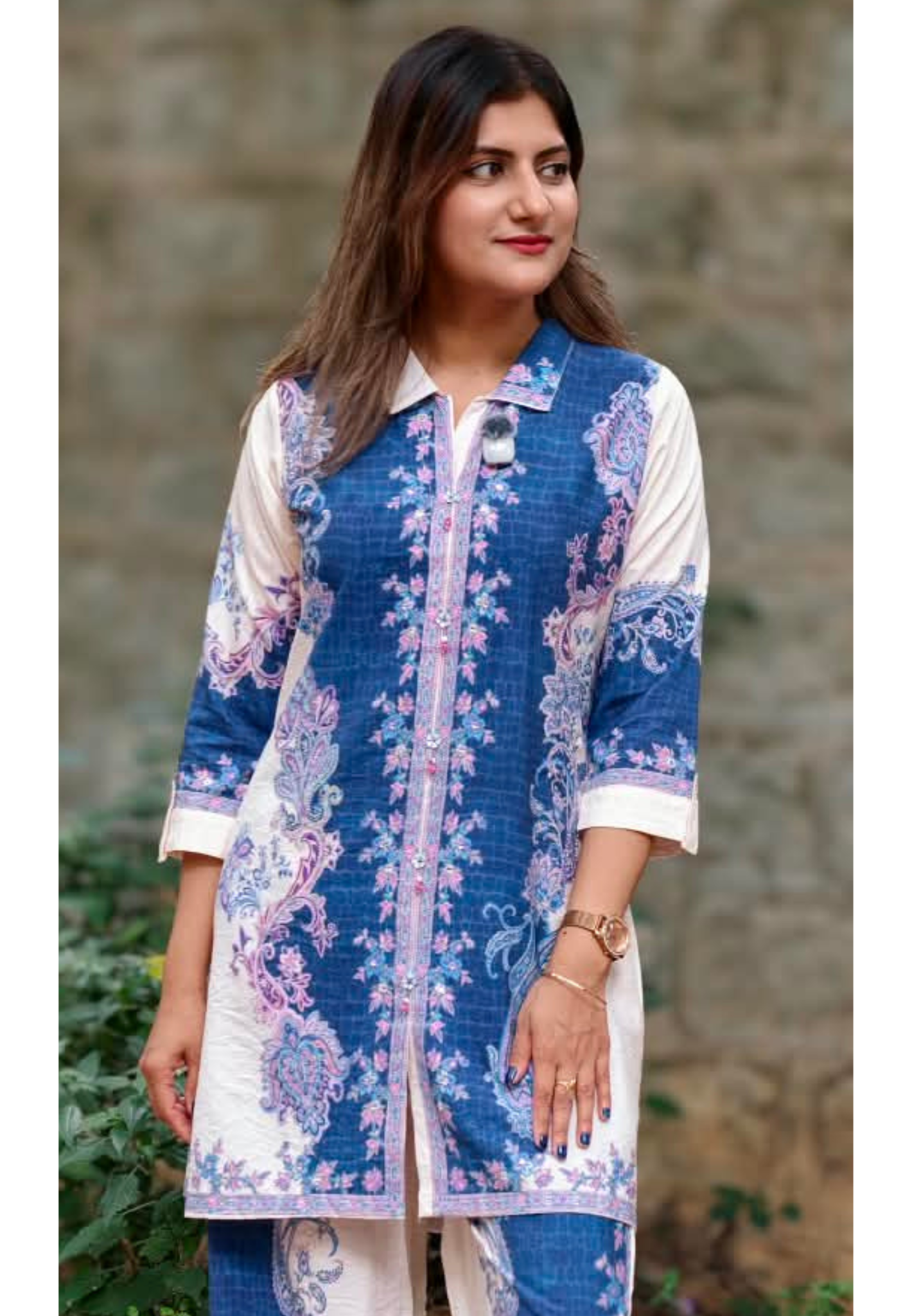 Blue Elegance With Pink Contrasted Digital Floral Prints Viscose Rayon Co-Ord Set- 16002 (Lean Fit)