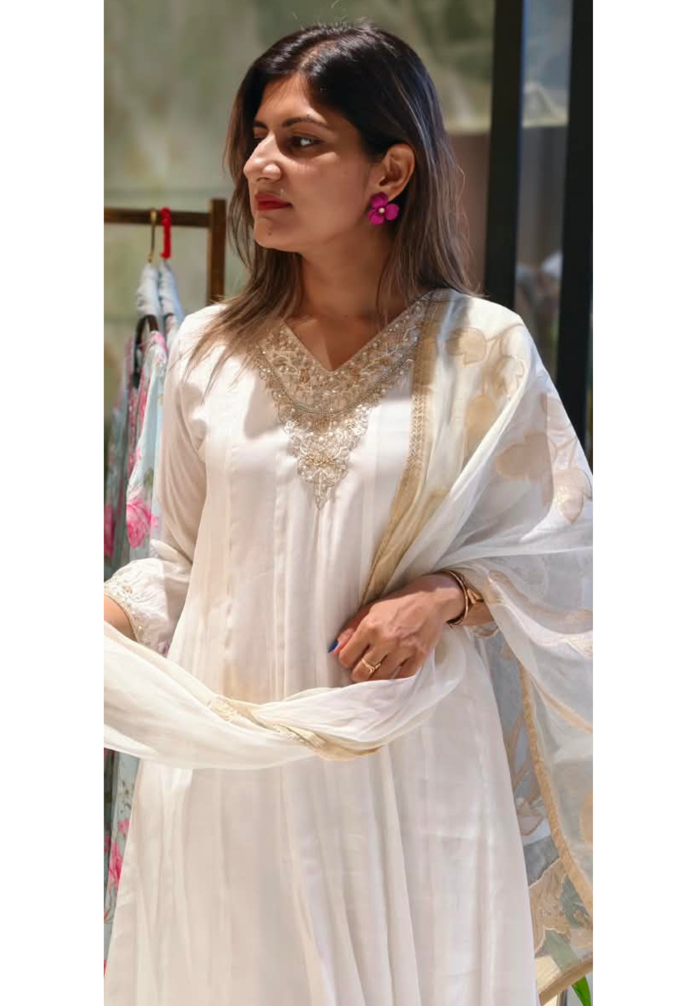 Ivory White Handcrafted Embroidered Neckline Golden Highlights Chinon Panel Anarkali Full Suit Set With Dupatta- 15884