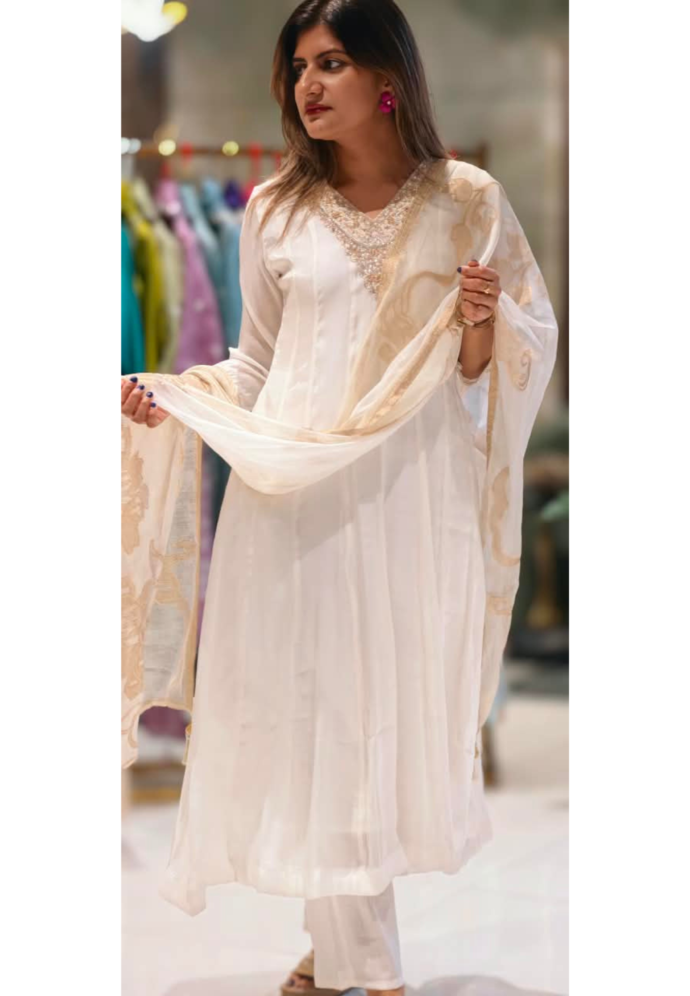 Ivory White Handcrafted Embroidered Neckline Golden Highlights Chinon Panel Anarkali Full Suit Set With Dupatta- 15884