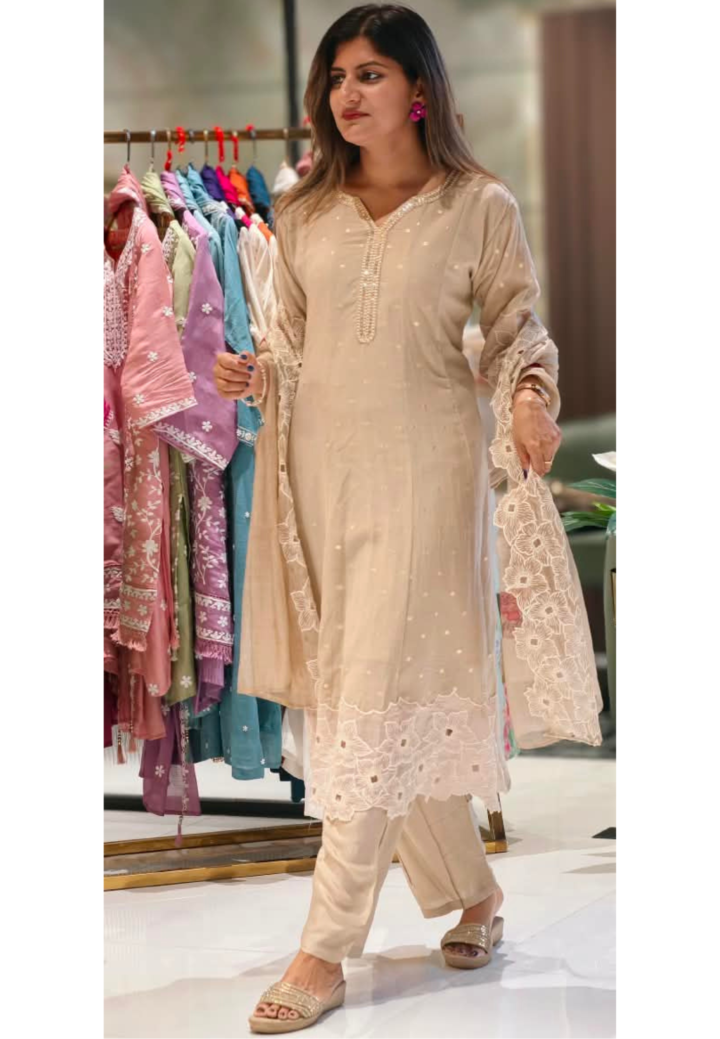 Elegant Golden Foil Neckline Floral Cut-Works Panel A-Line Full Suit Set With Dupatta- 15965