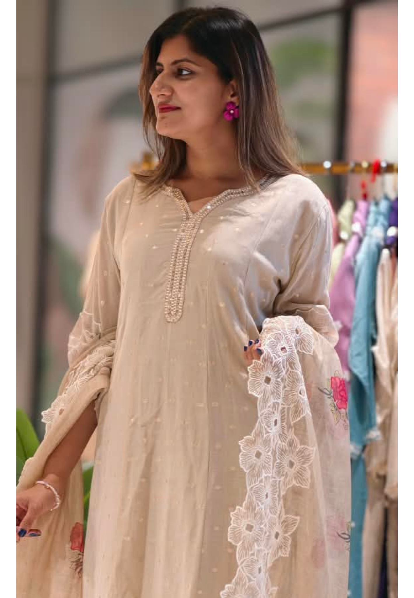 Elegant Golden Foil Neckline Floral Cut-Works Panel A-Line Full Suit Set With Dupatta- 15965