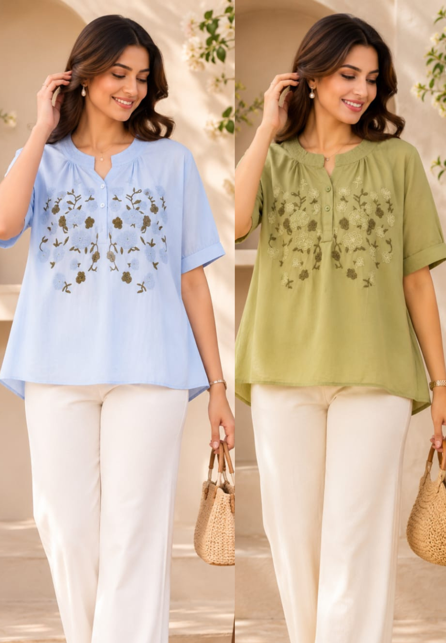 Women's Lightweight Floral Embroidered Peasant Top- 15132