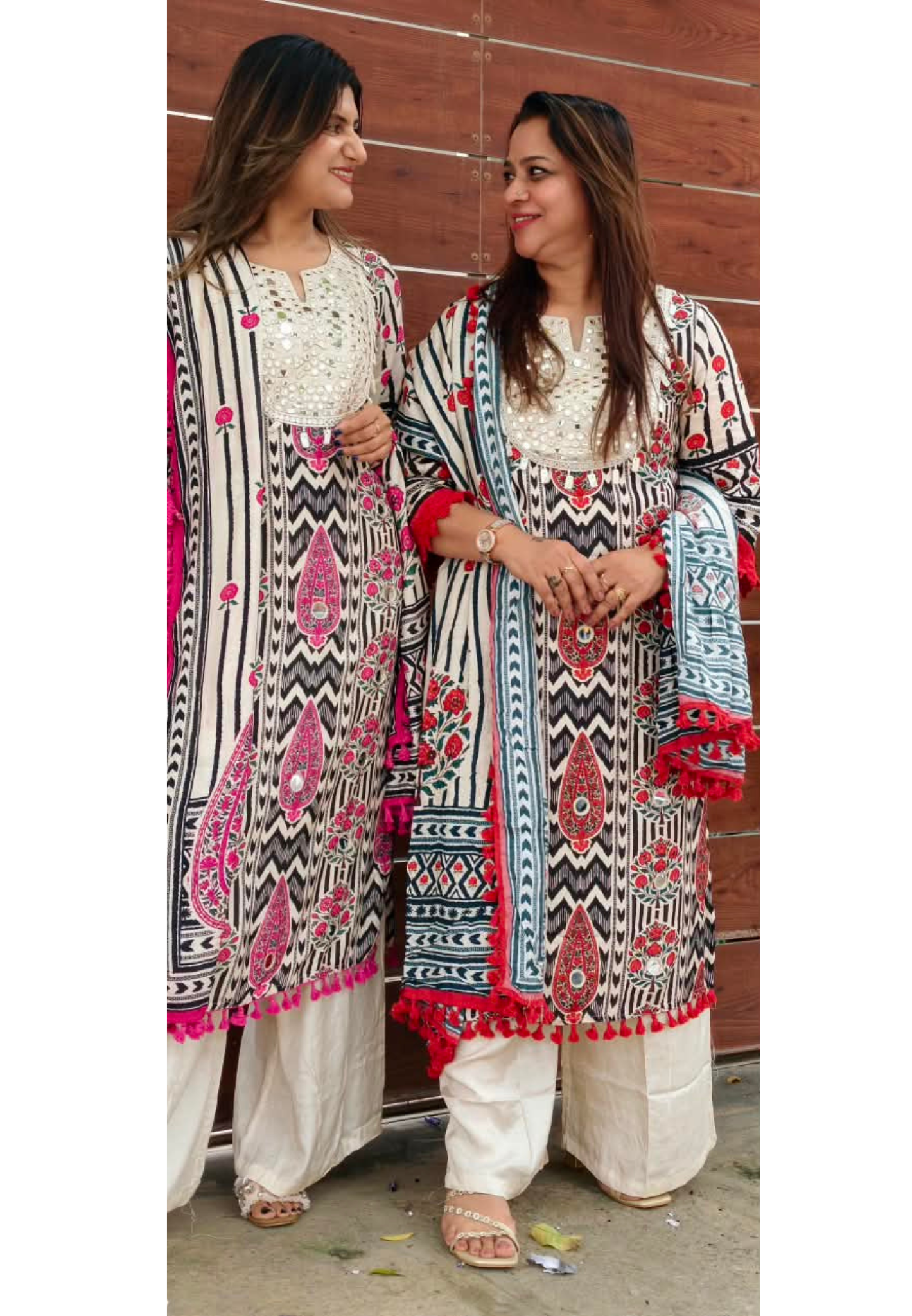 Vintage Mughal Floral Printed Kurta with Intricate Mirror Work, Red Embroidery & Tassel Border-16047