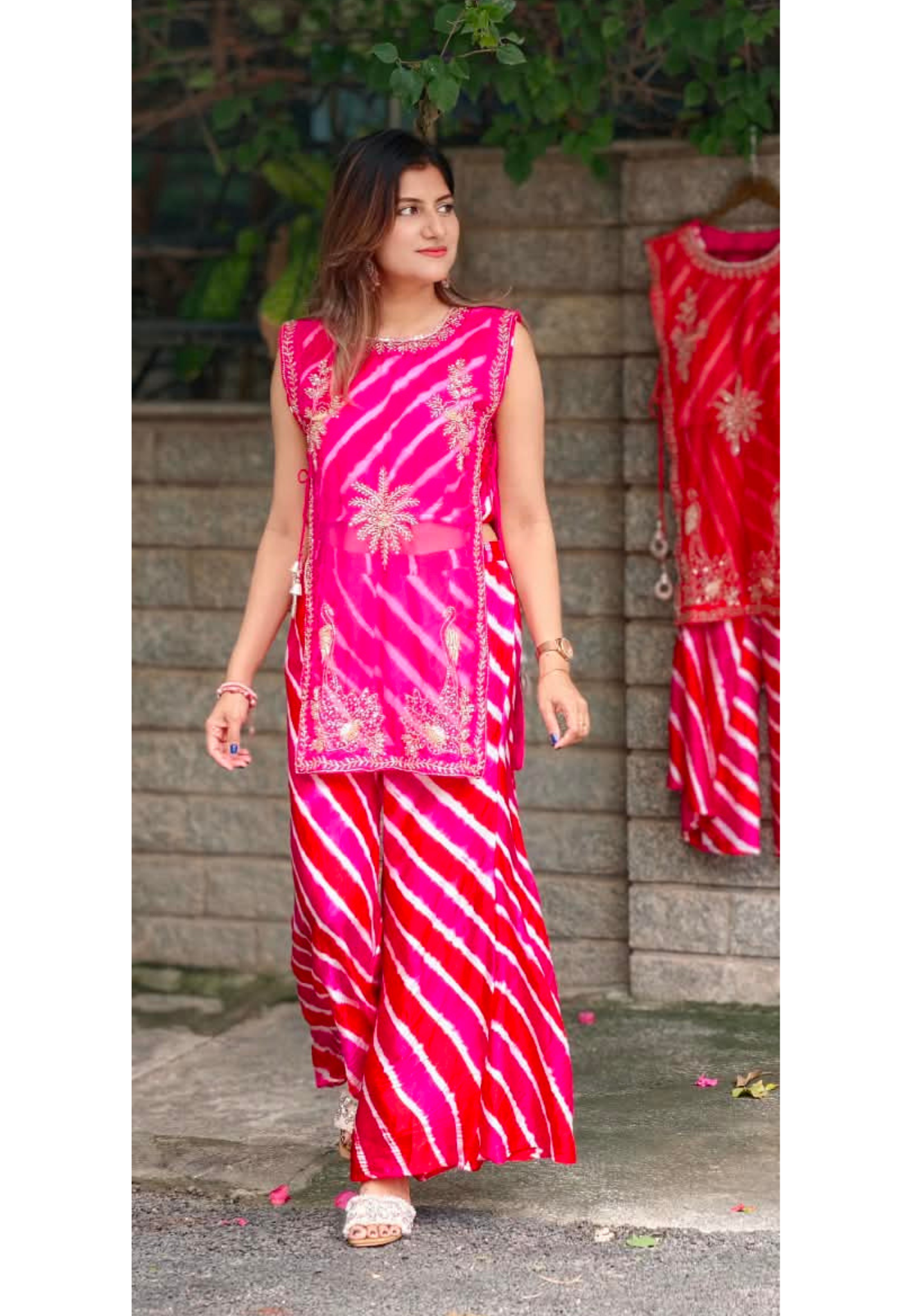 Festive Elegance Vibrant Leheriya Buster With Detechable Outer & Palazzo Bottom- 16069