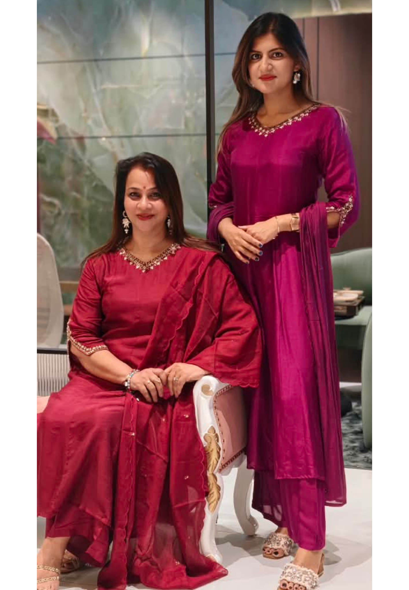 Solid Grace Smart Minimal Embroidery Over Neckline & Pockets Russian Silk A-Line Full Suit Set With Dupatta- 15233
